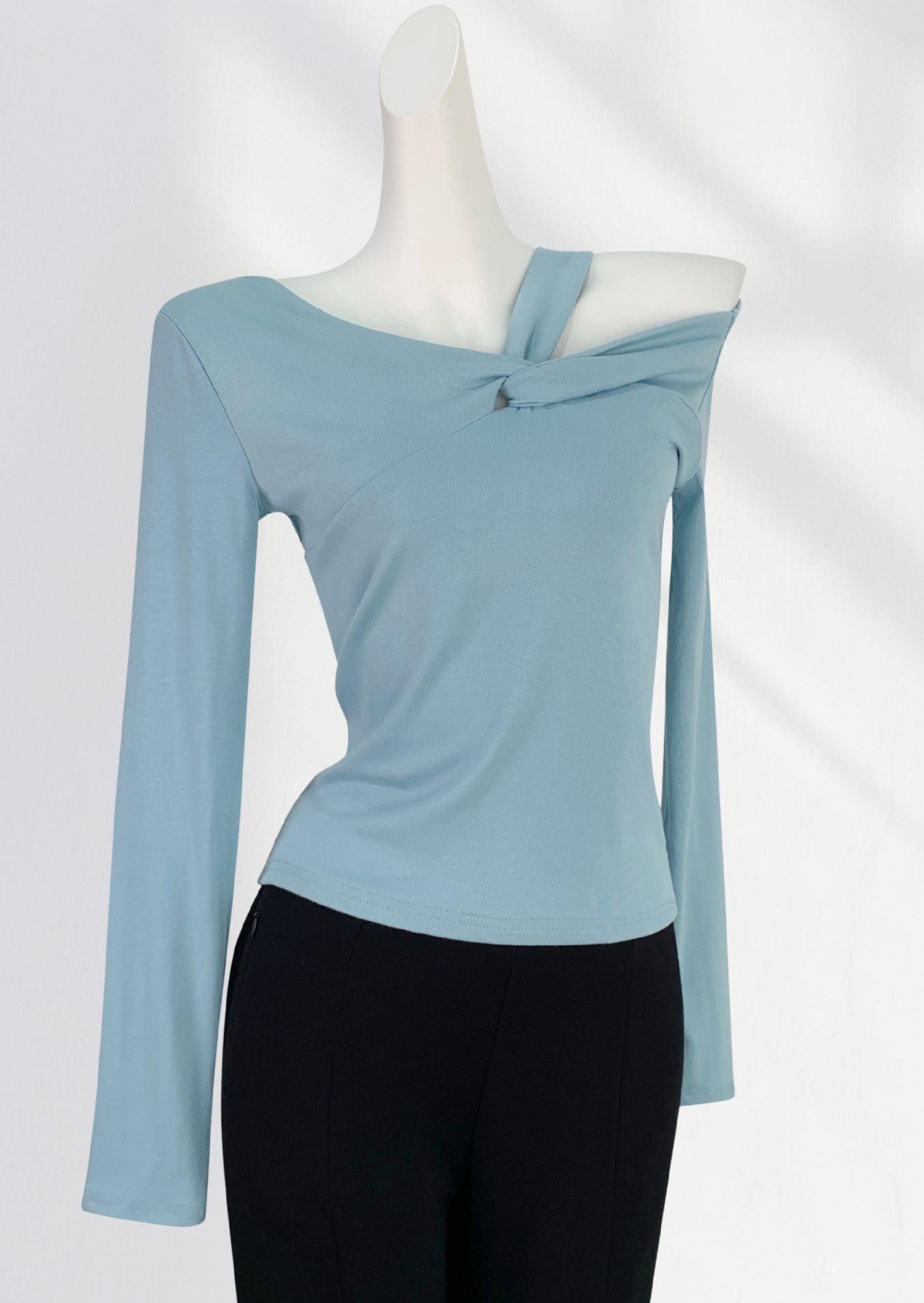 J-Drama Inspired One-Shoulder Knot Top – Asymmetrical Long Sleeve Blouse with Twisted Neckline Detail - BASIC