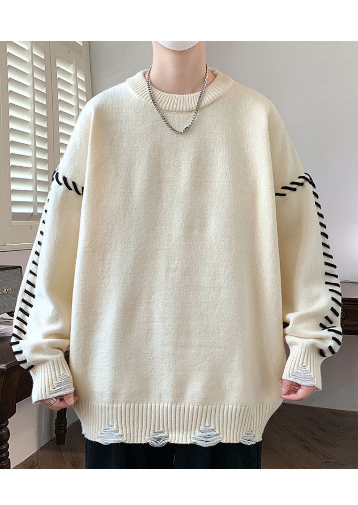 C-Drama Inspired Loose Knitted Sweatshirt with Contrasting Threading Design