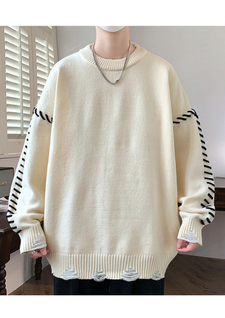 Loose Knitted Sweatshirt with Contrasting Threading Design