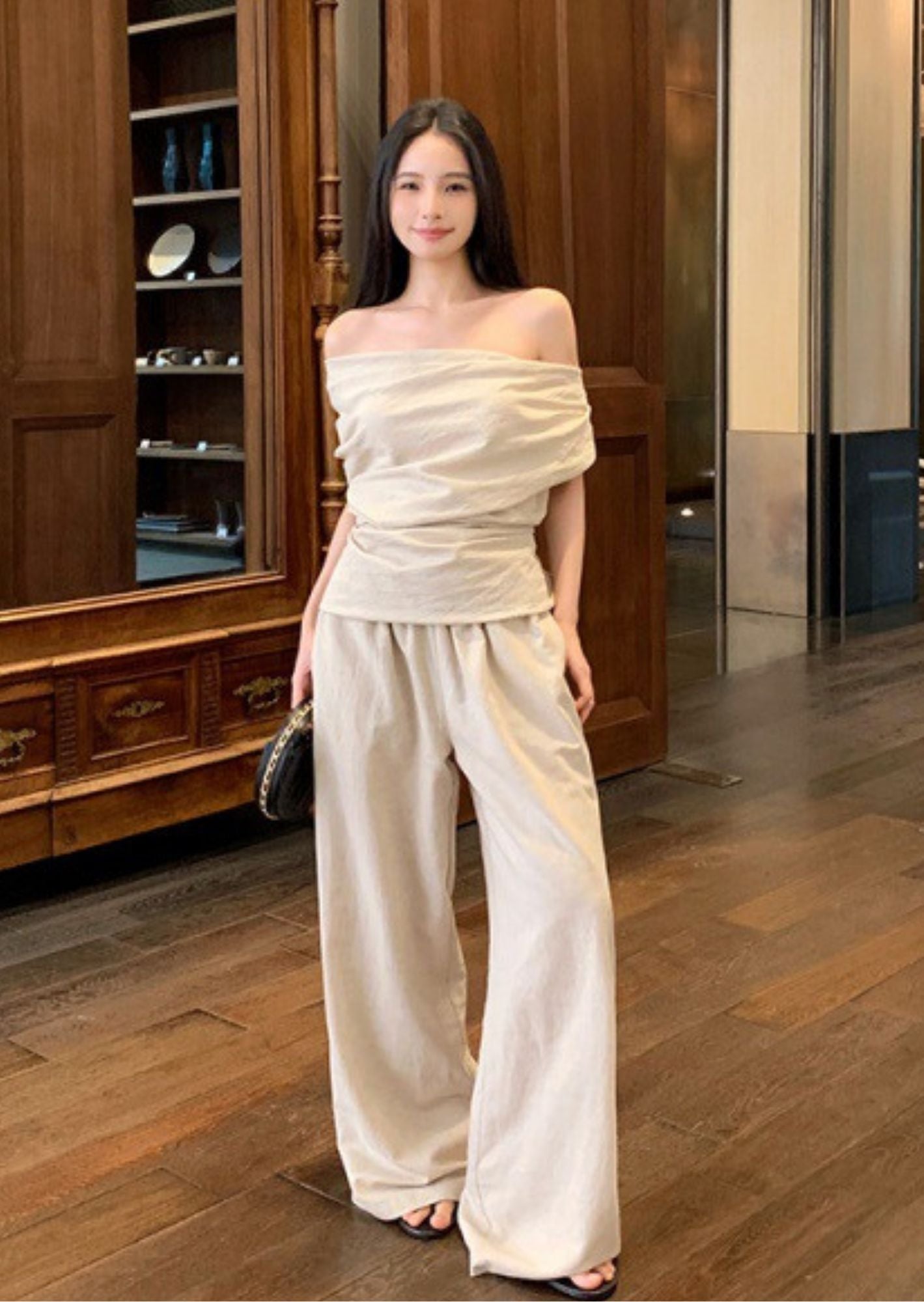 K-Drama Luxe, A CEO’s Effortless Elegance: Off-Shoulder Draped Top – BASIC
