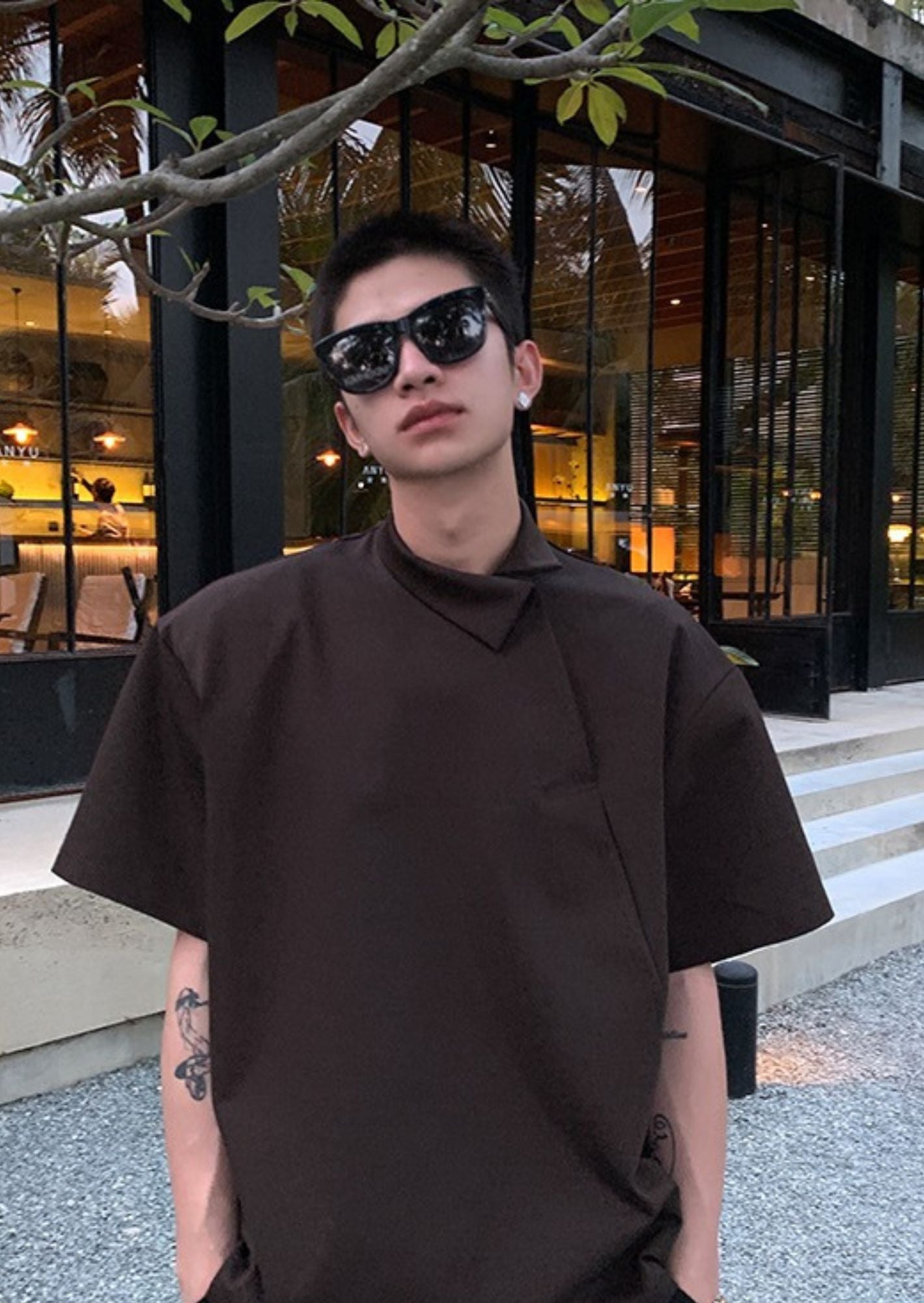 J-Drama Inspired Structured Brown Shirt with Asymmetric Placket Opening – BASIC
