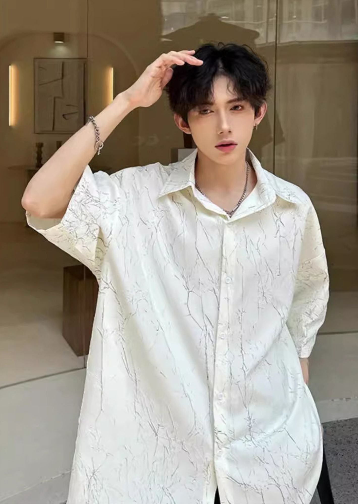 C-Drama Inspired Modern Elegance - White Textured Short-Sleeve Shirt with Marble-Inspired Print – BASIC