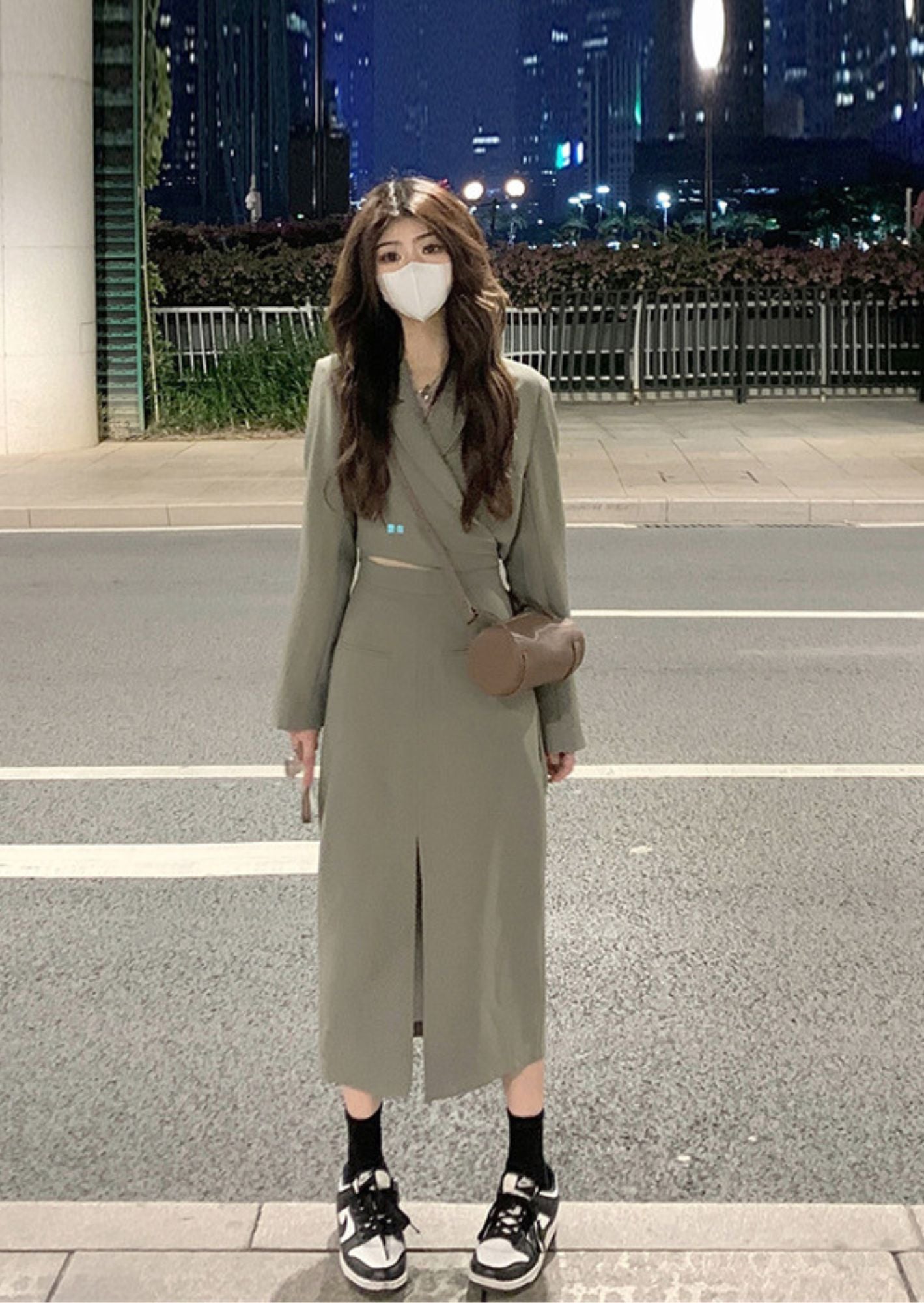 K-Drama Inspired Cross Body Cropped Jacket + Mid Length Split Skirt Set