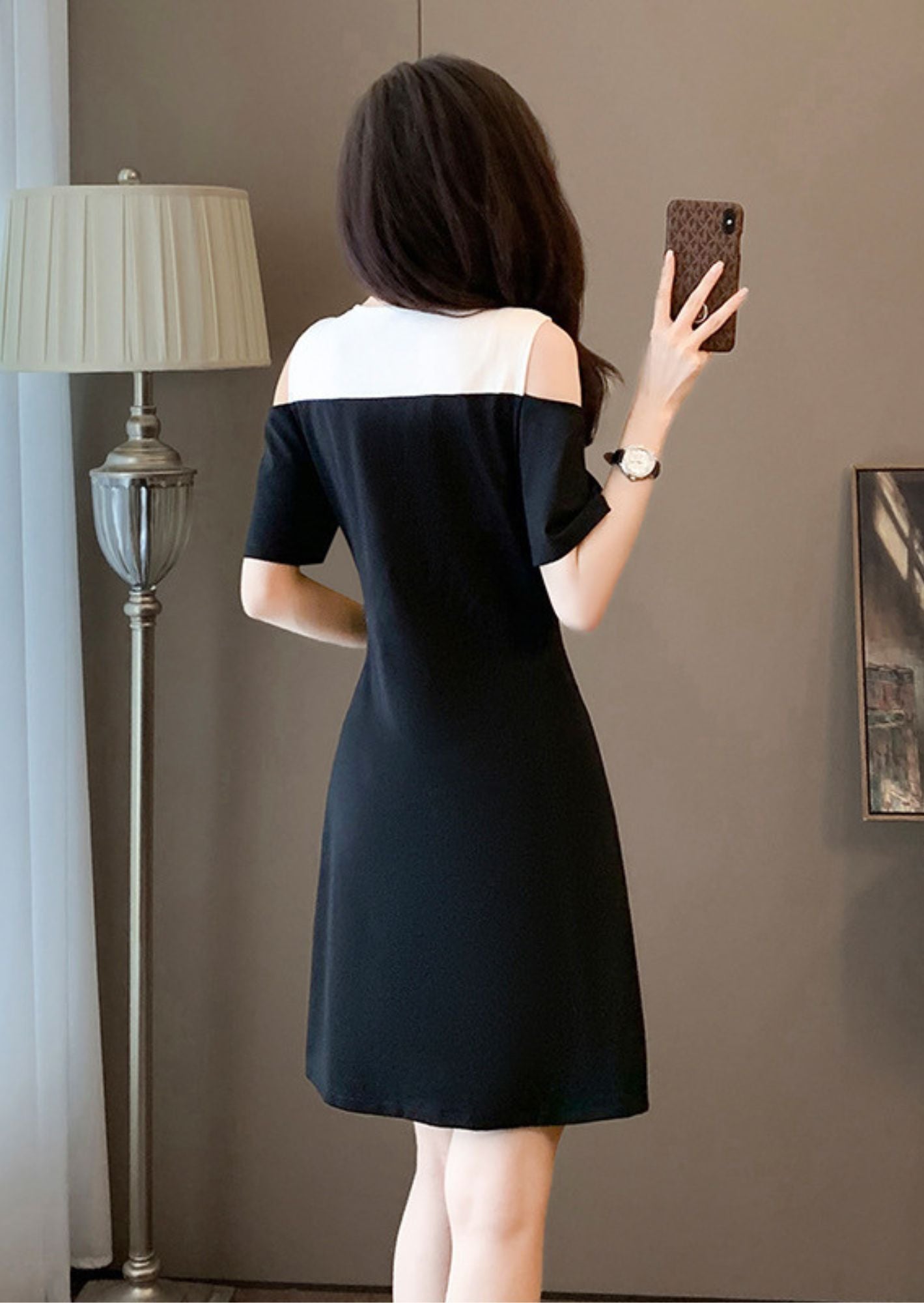 C-Drama Inspired Black and White Splicing Cut-Out Shoulder Slim Fit Dress