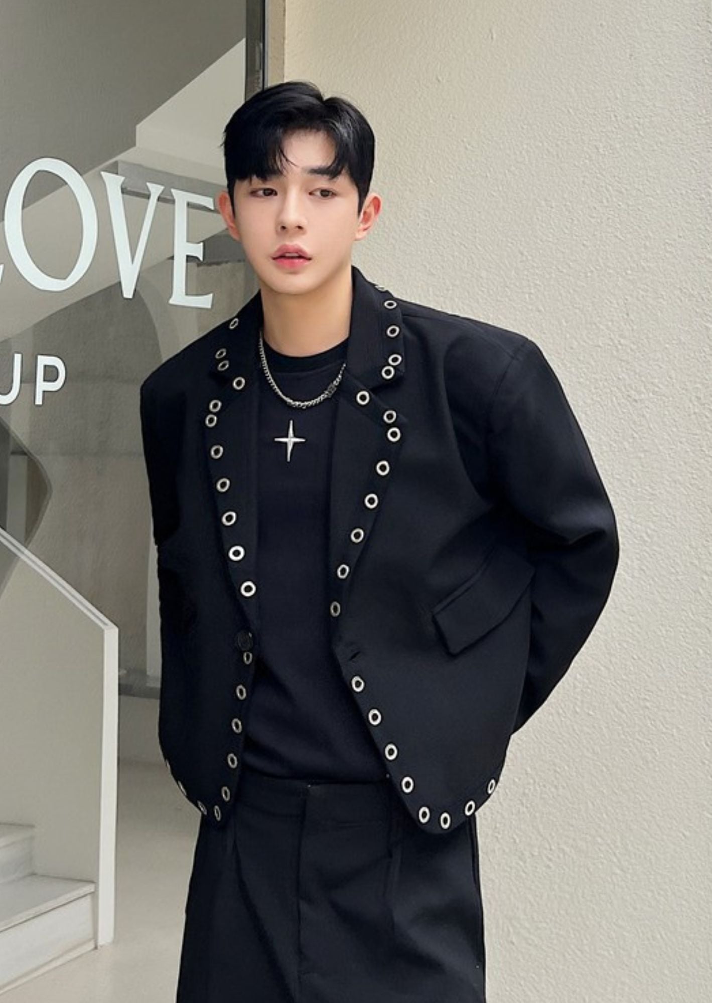 K-Drama Inspired CEO Edge - Power Dressing with a Rebel Twist : Cropped Black Blazer Jacket with Bold Eyelet Detailing – BASIC