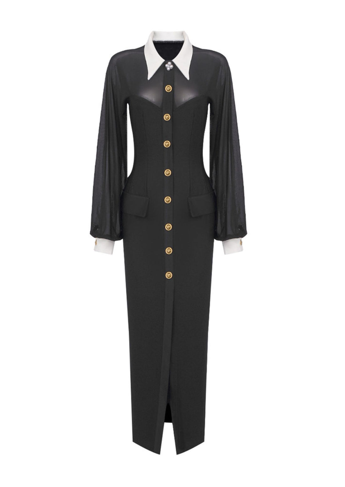 Front Button Opening Long Sleeve Maxi Dress