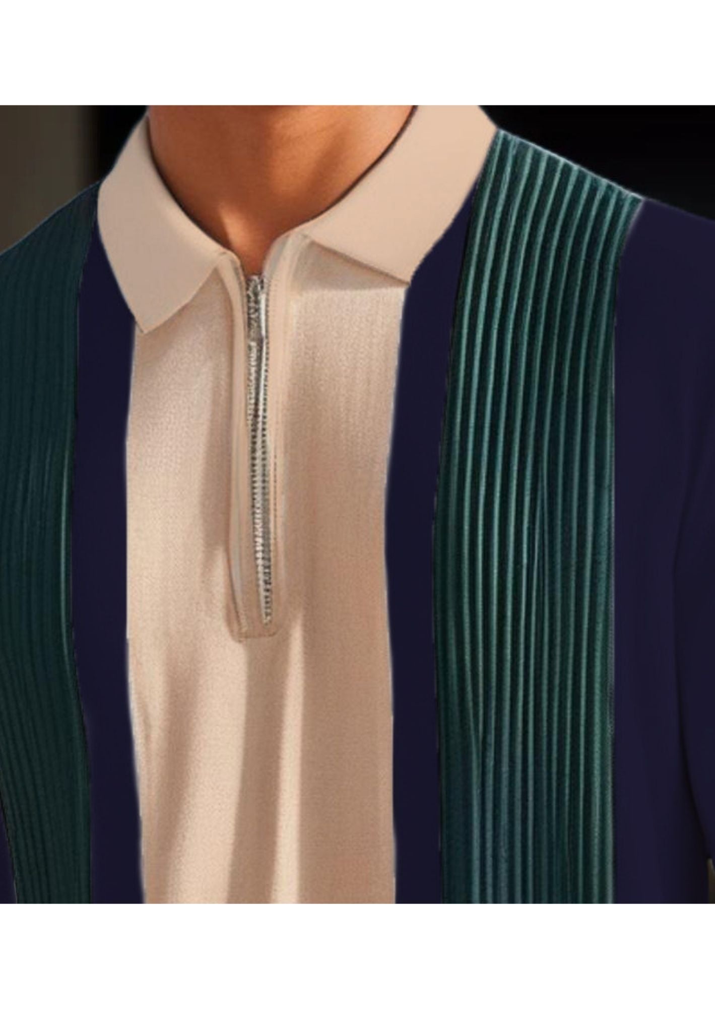 C-Drama Inspired Retro Luxe Style - Colorblock Knit Polo Shirt with Zipper Detail – BASIC