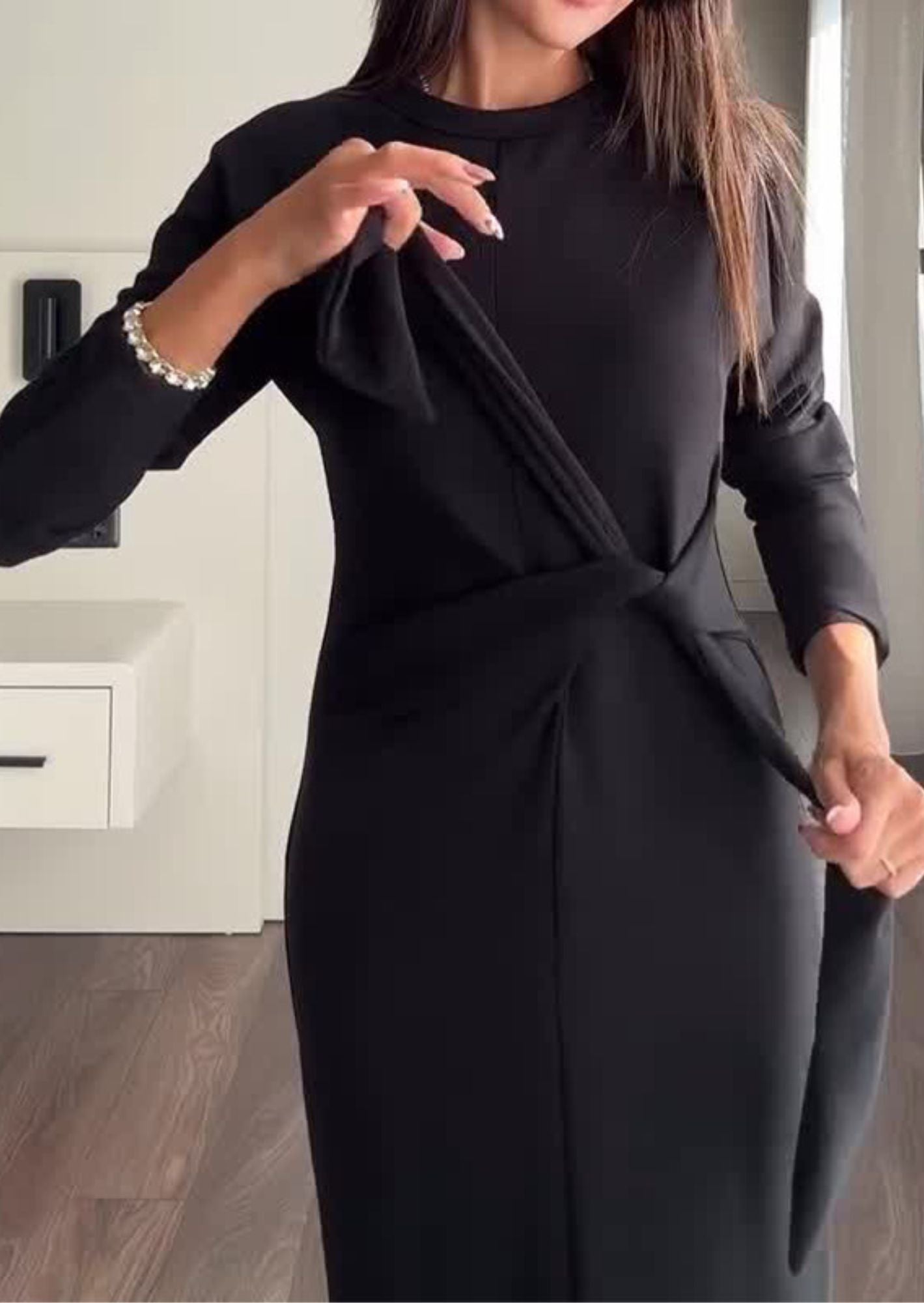 J-Drama Inspired Round Neck Long Sleeve Tie Up Long Dress