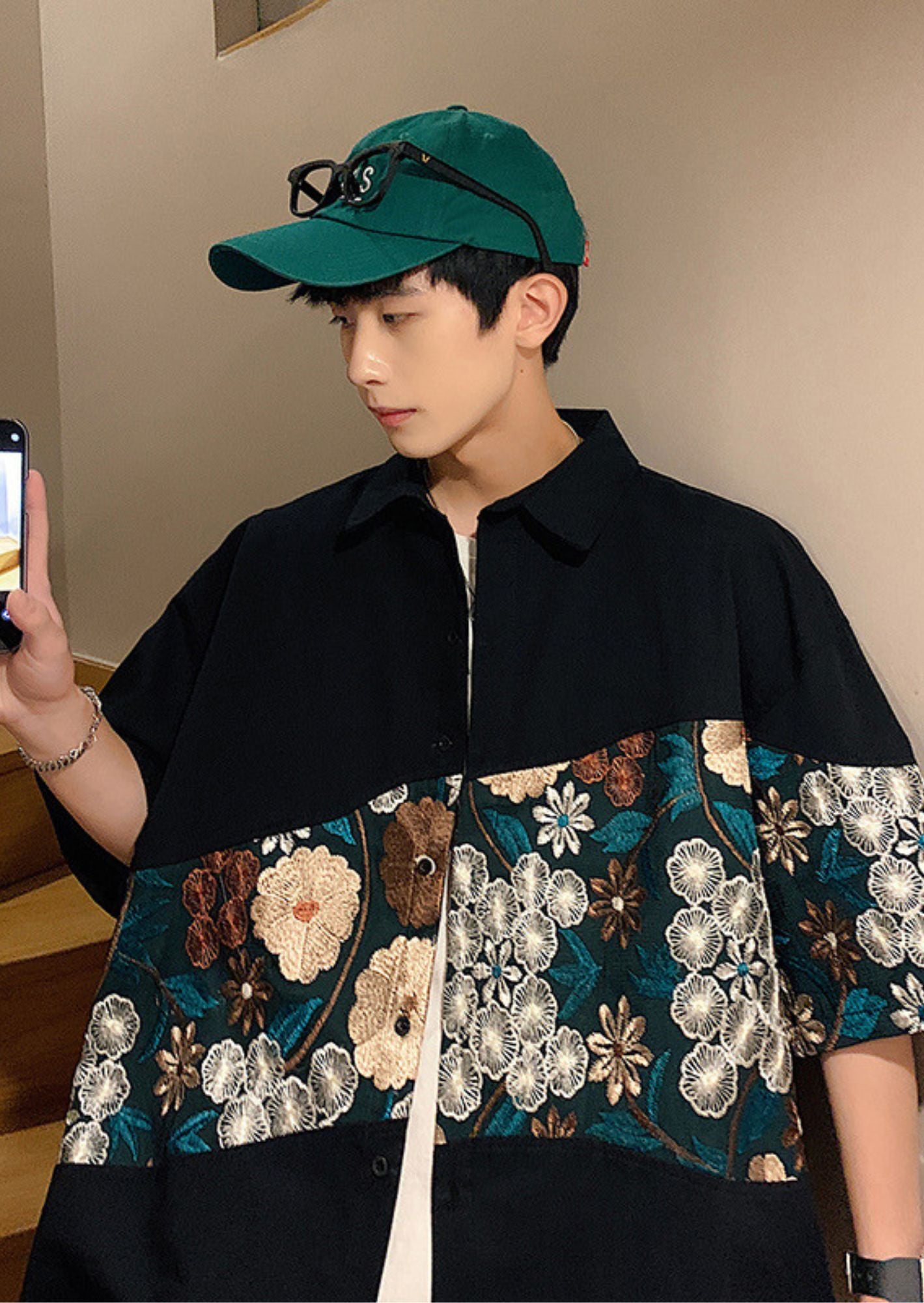 K-Drama Bloom : White Short Sleeve Shirt with Curved Floral Brocade Panel – BASIC