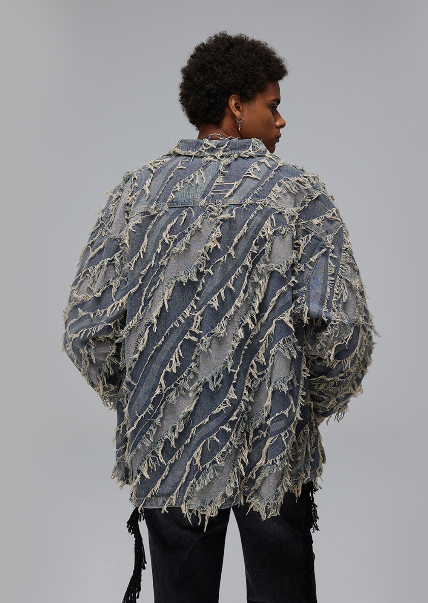 J-Drama Inspired Streetwear Statement : Textured Paneled Denim Jacket with Raw Frayed Detailing – BASIC