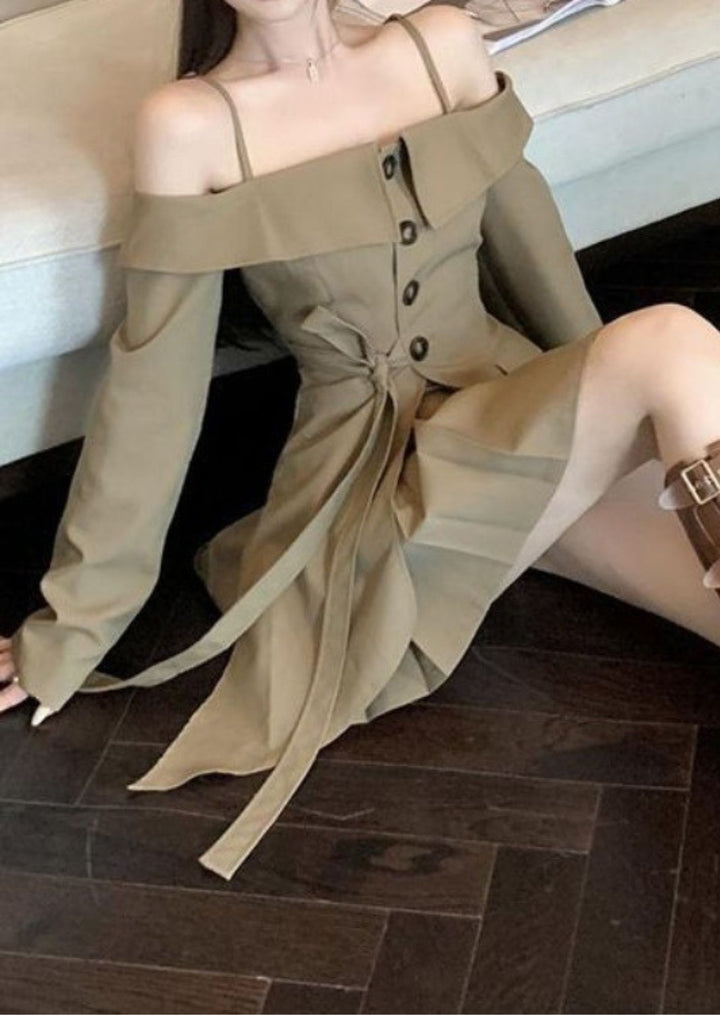 Off Shoulder Long Sleeve Jacket + Pleated Skirt Set