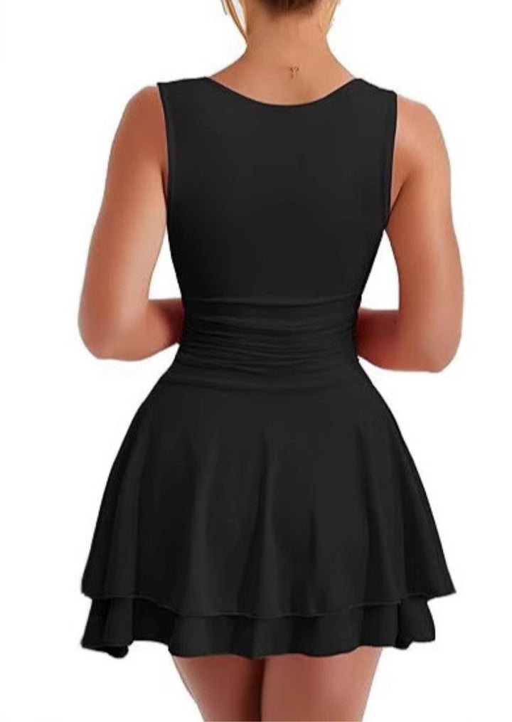 Square Neck Sleeveless Dress With Double Layered Skirt