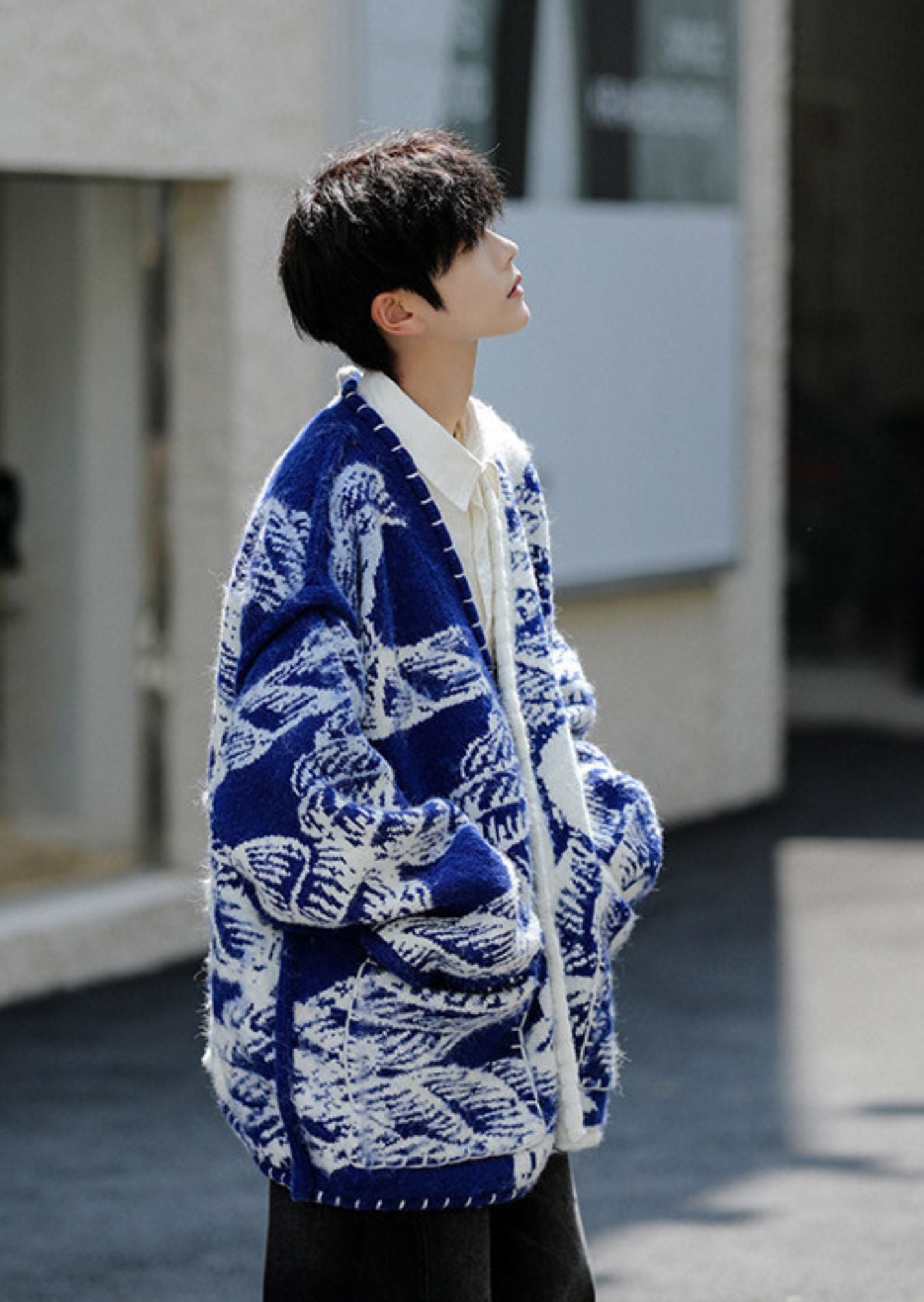 C-Drama Inspired Artistic Outerwear - Rope-Printed Knit Cardigan with Button Detailing and Blanket Stitch Accents – BASIC