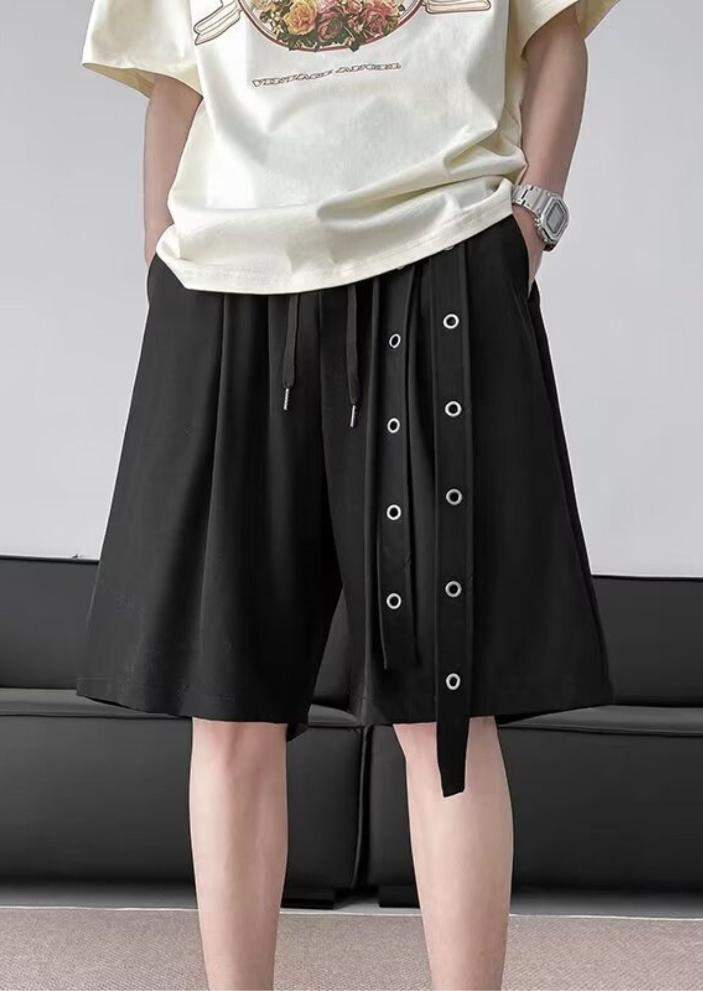 J-Drama Inspired Urban Minimalism : Black Relaxed Shorts with Eyelet Strap Detailing – BASIC