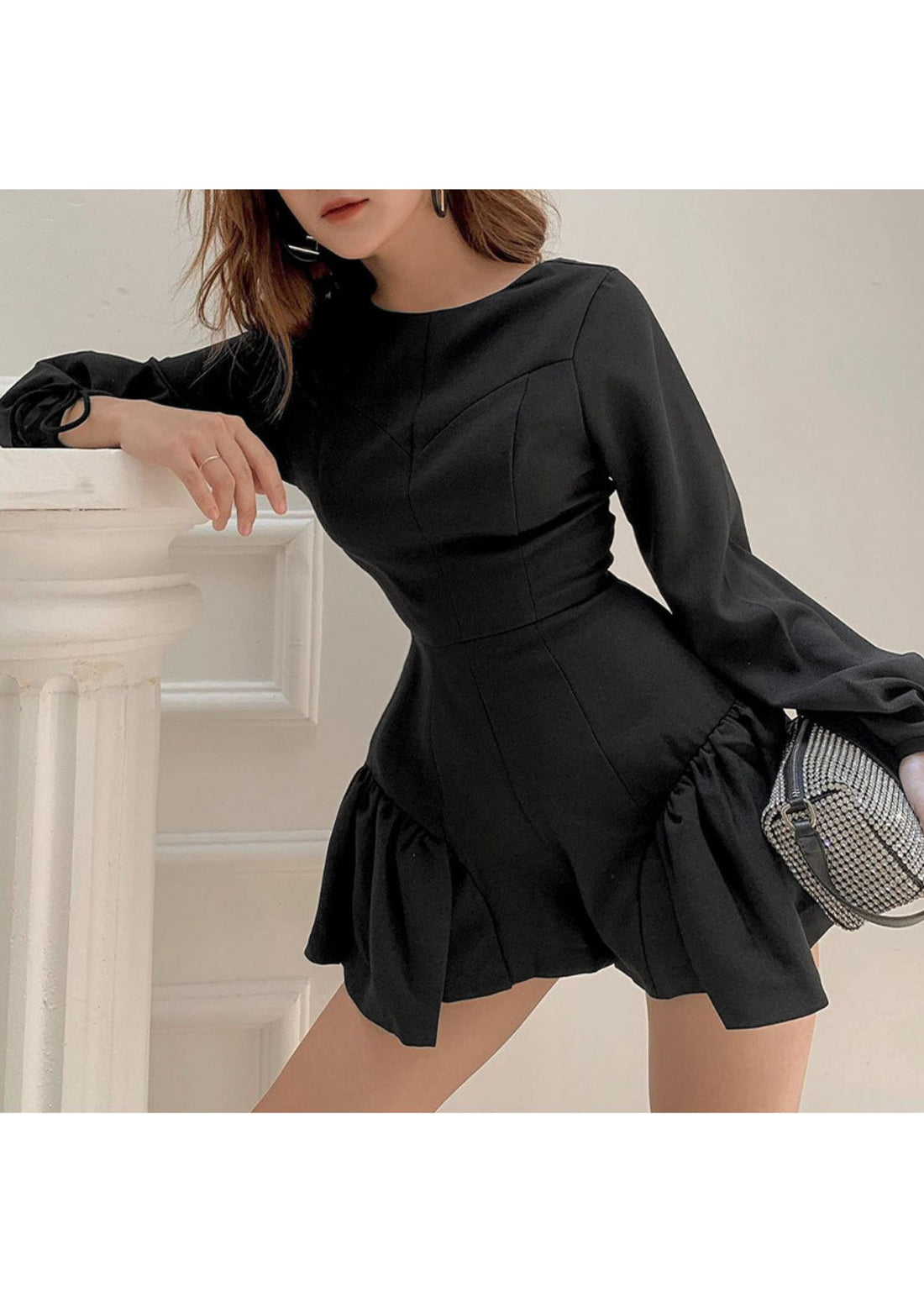 Gathered Bottom Deep V Back Neck Short Dress