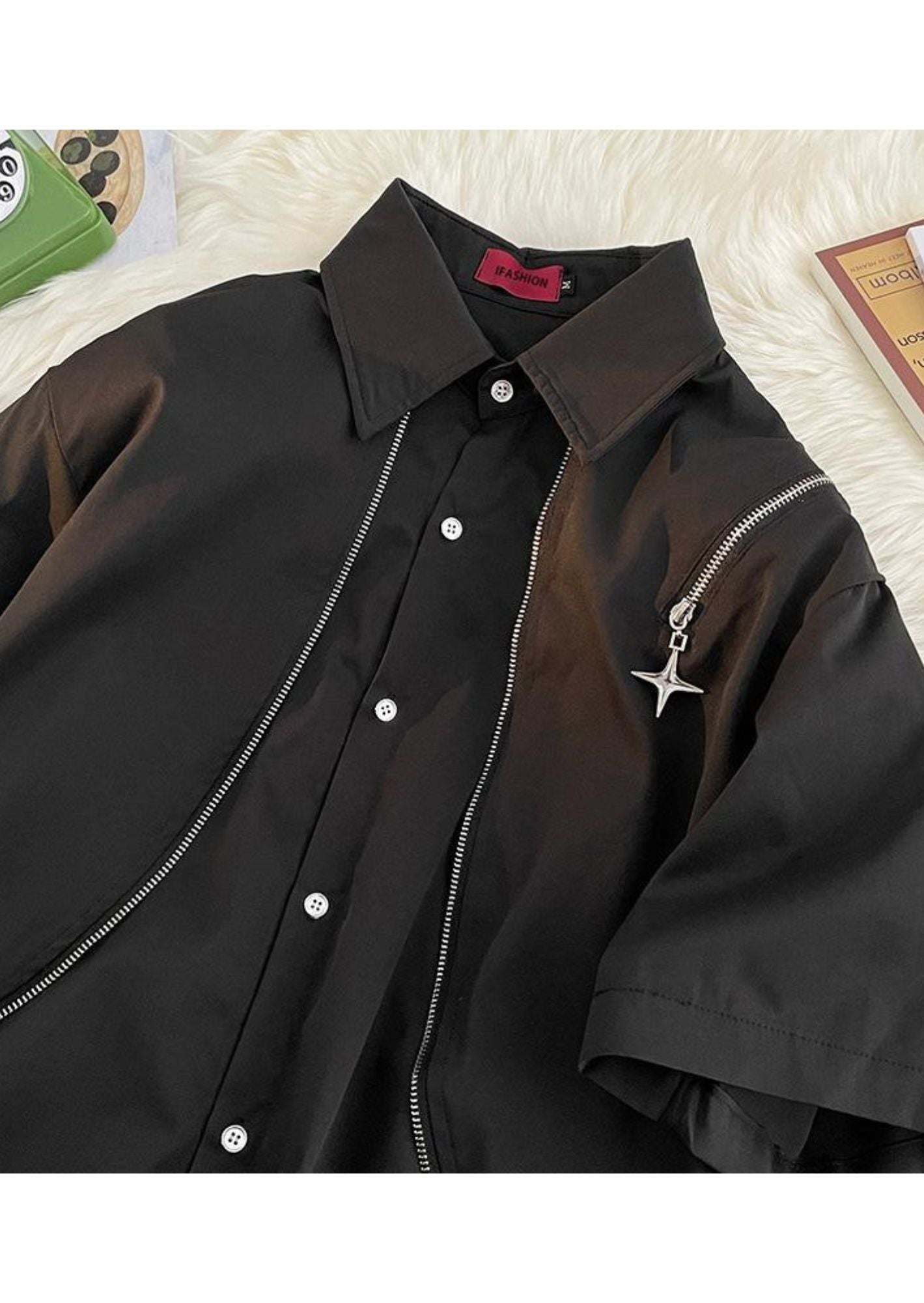 C-Drama Street Style Elegance - Black Asymmetric Zipper Detail Shirt - BASIC