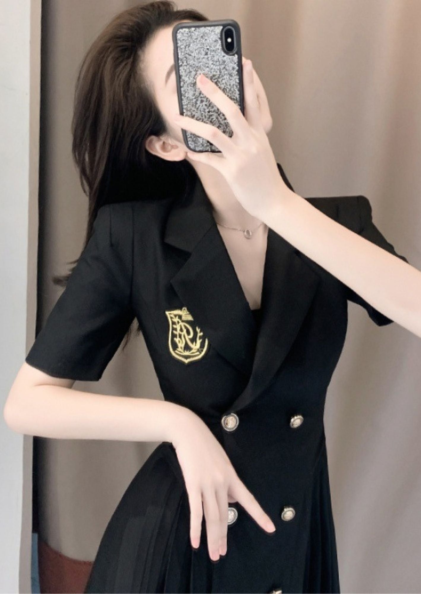 K-Drama CEO Chic Edition - Structured Pleated Blazer Dress with Gold Buttons – BASIC
