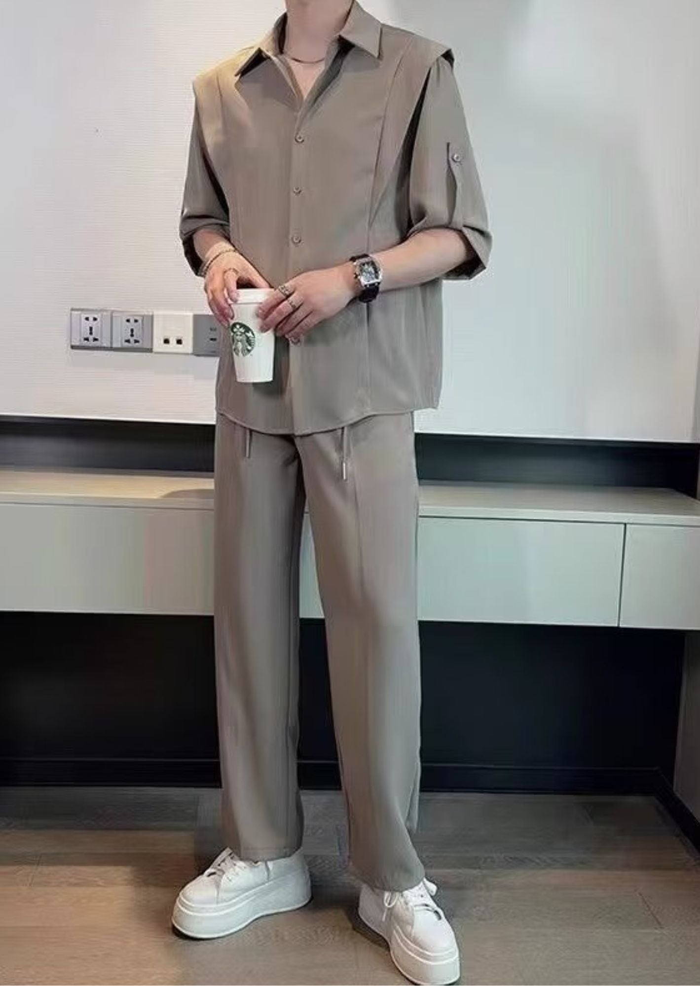 K-Drama-Inspired Contemporary Elegance - Taupe Shirt with Layered Shoulder Detailing – BASIC