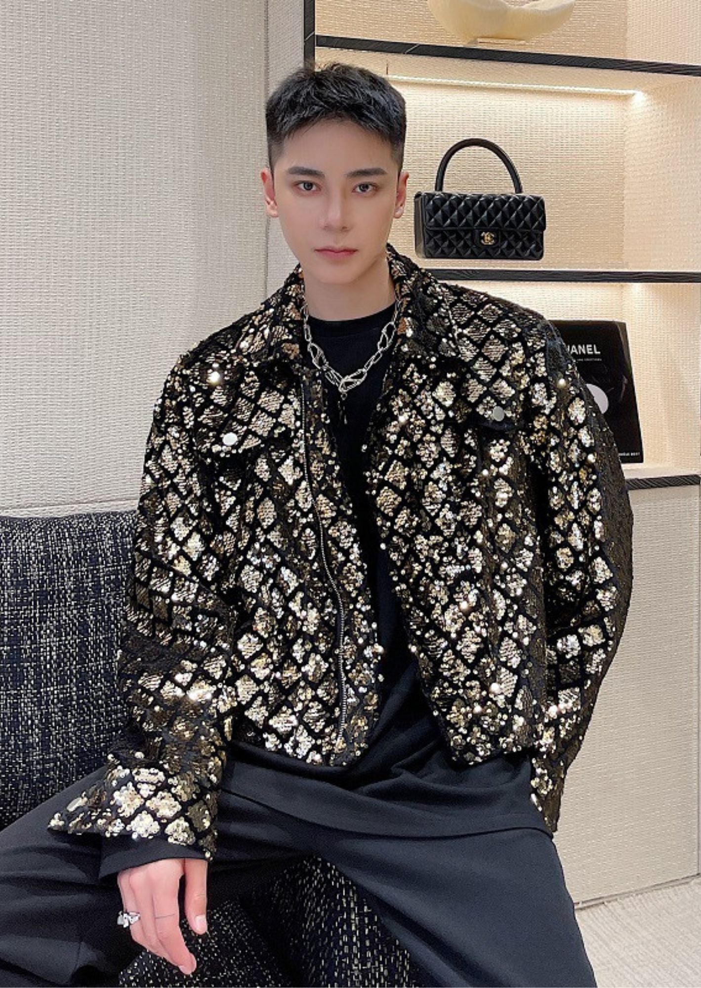 C-Drama Inspired Heavy Gold Sequin Embroidered Loose Fit Jacket