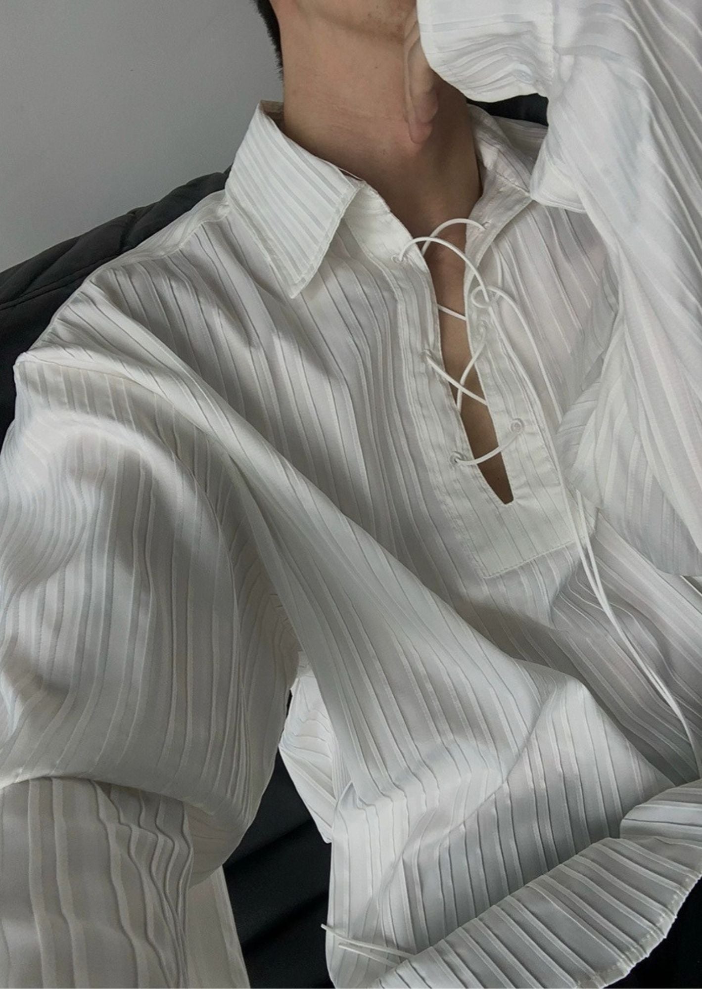 J-Drama-Inspired Minimalist Aesthetic - White Lace-Up Collar Shirt with Relaxed Silhouette – BASIC