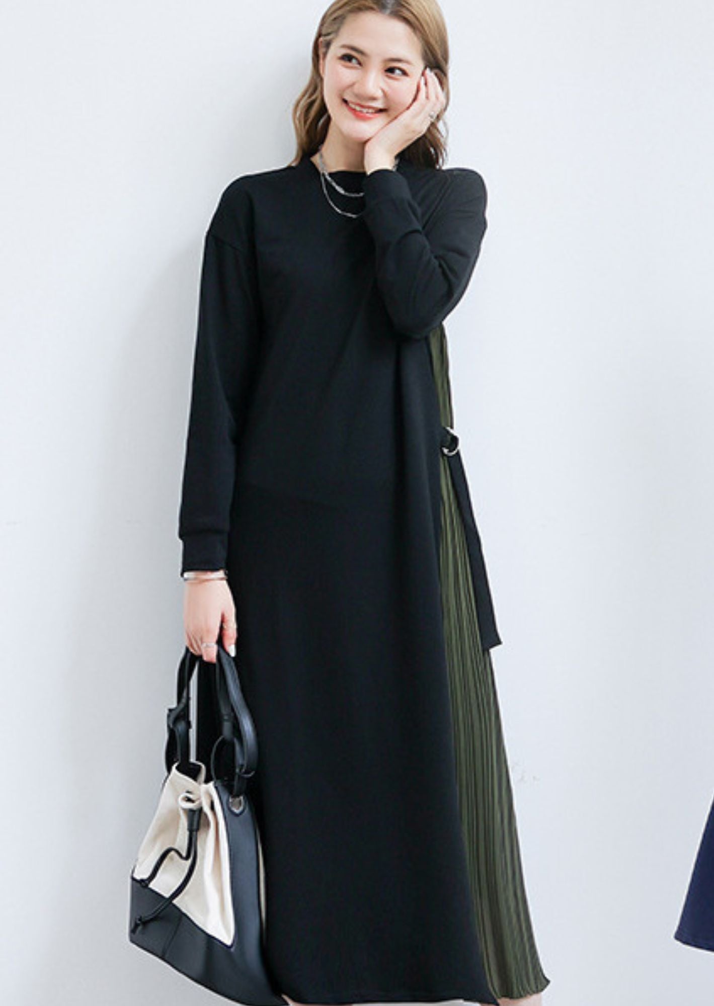 C-Drama Inspired Midi Length Side Pleated Patched Dress