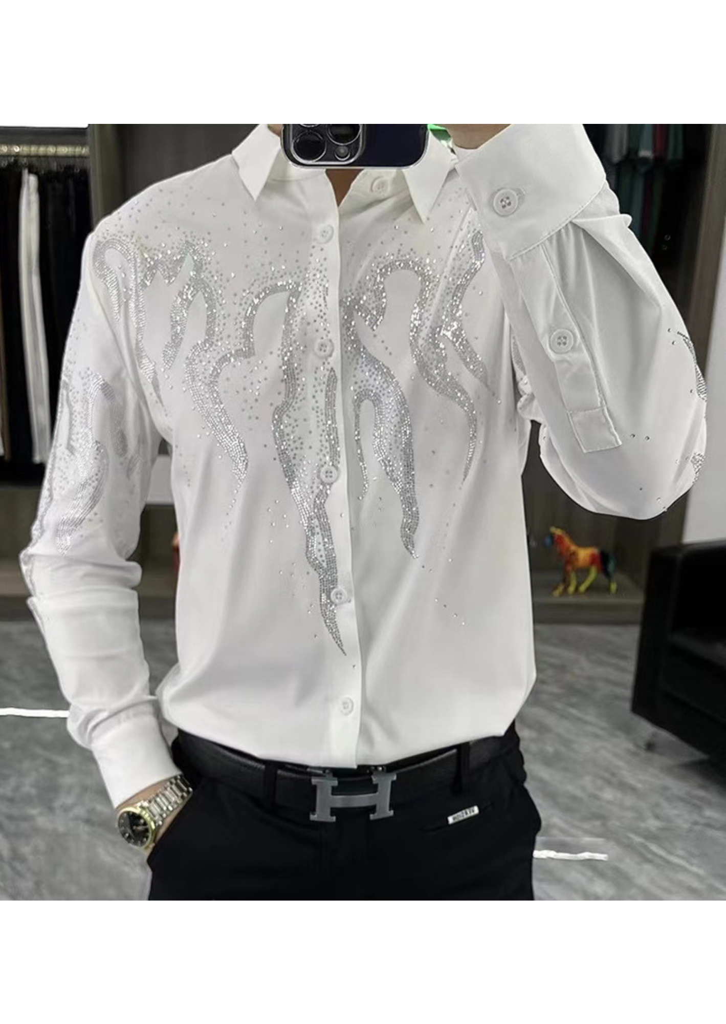 C-Drama Inspired Statement Wear -  White Shirt with Rhinestone Flame Embellishments – BASIC