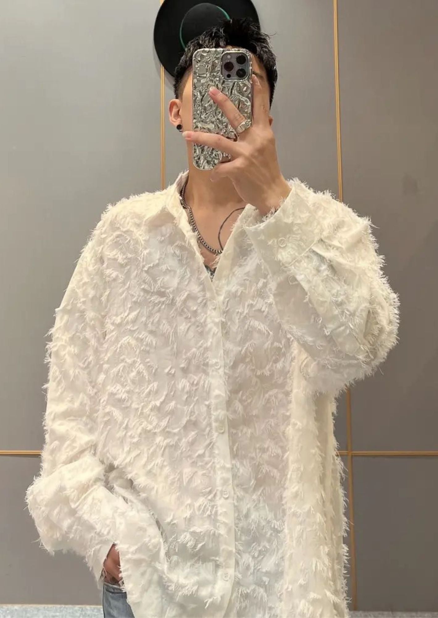 K-Pop Inspired Feather Tassel Textured Shirt