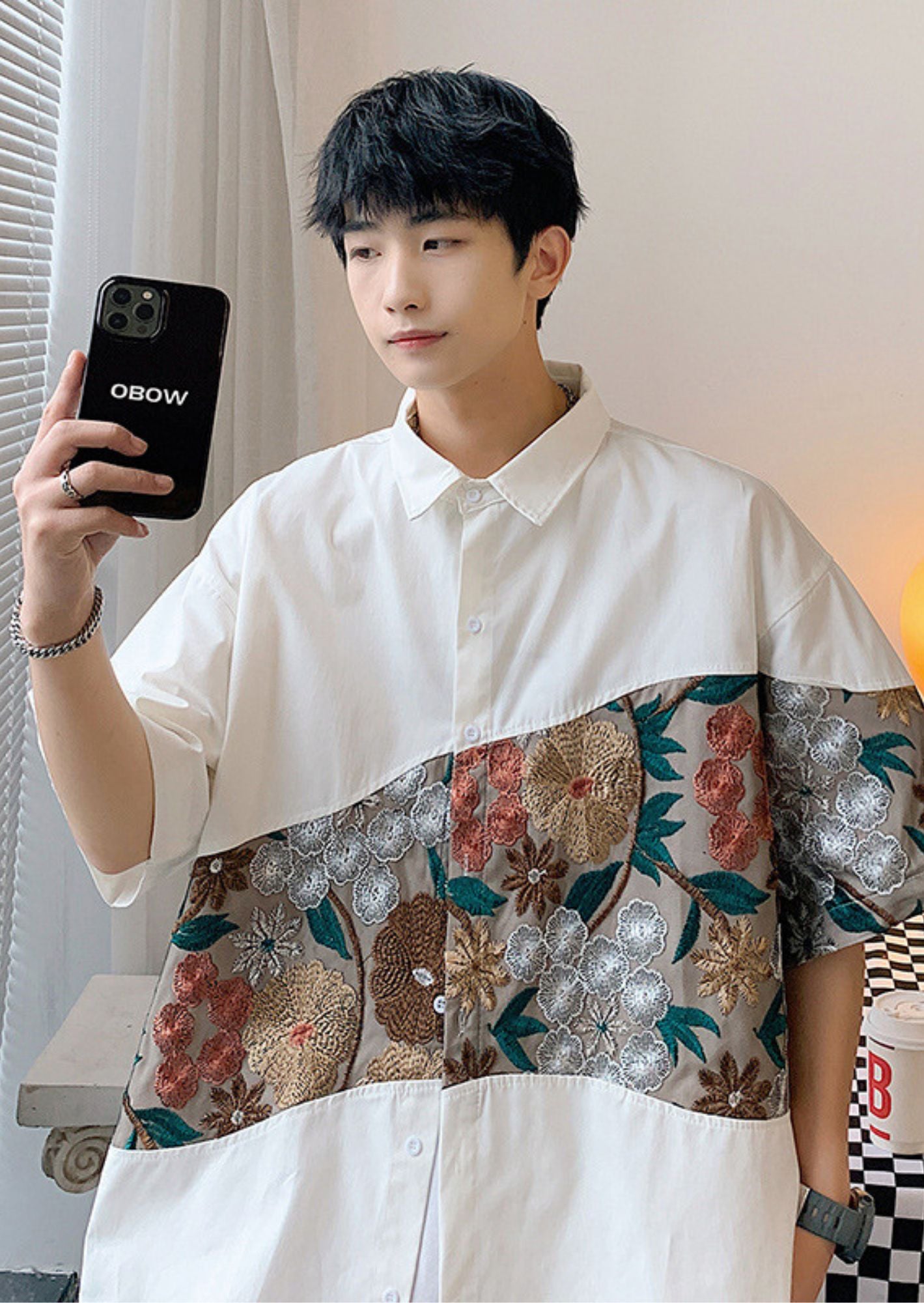 K-Drama Bloom : White Short Sleeve Shirt with Curved Floral Brocade Panel – BASIC