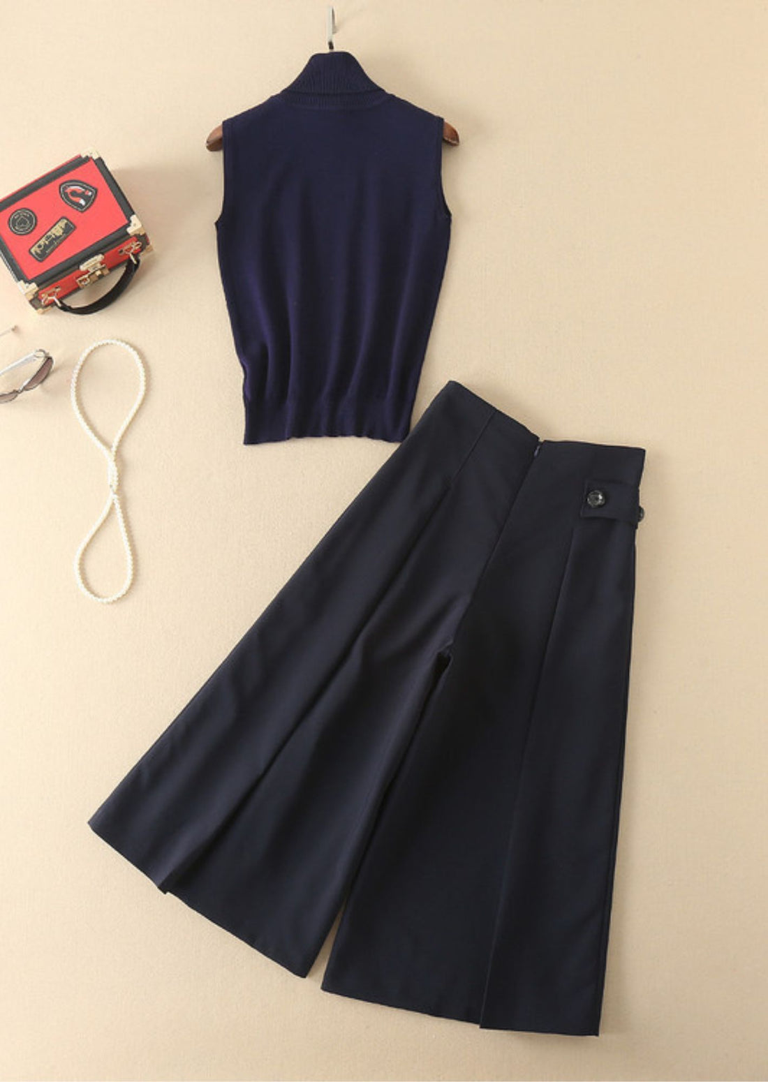 High-Neck Sleeveless Top + Wide-Leg Mid-Length Pants Set