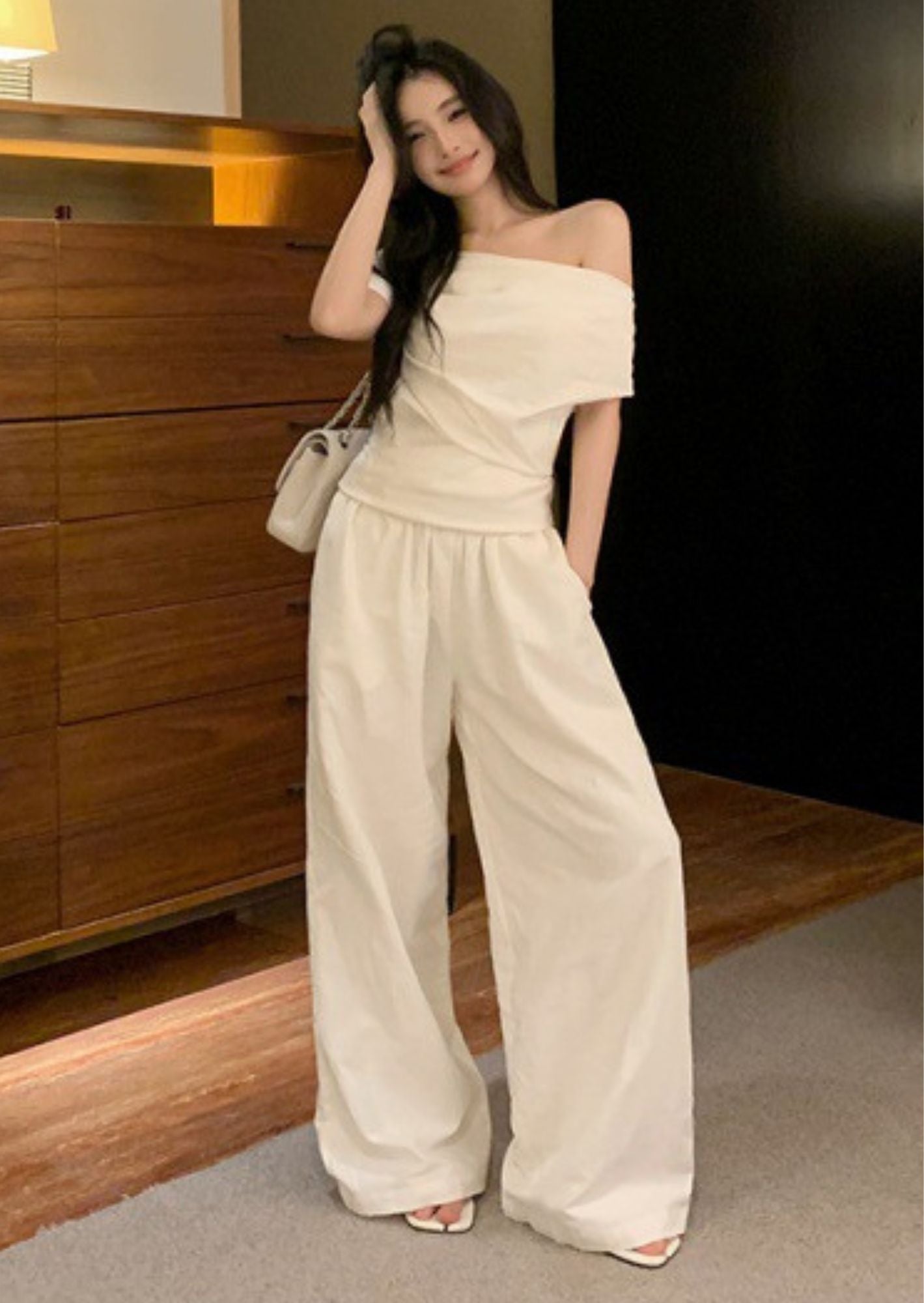 K-Drama Luxe, A CEO’s Effortless Elegance: Off-Shoulder Draped Top – BASIC