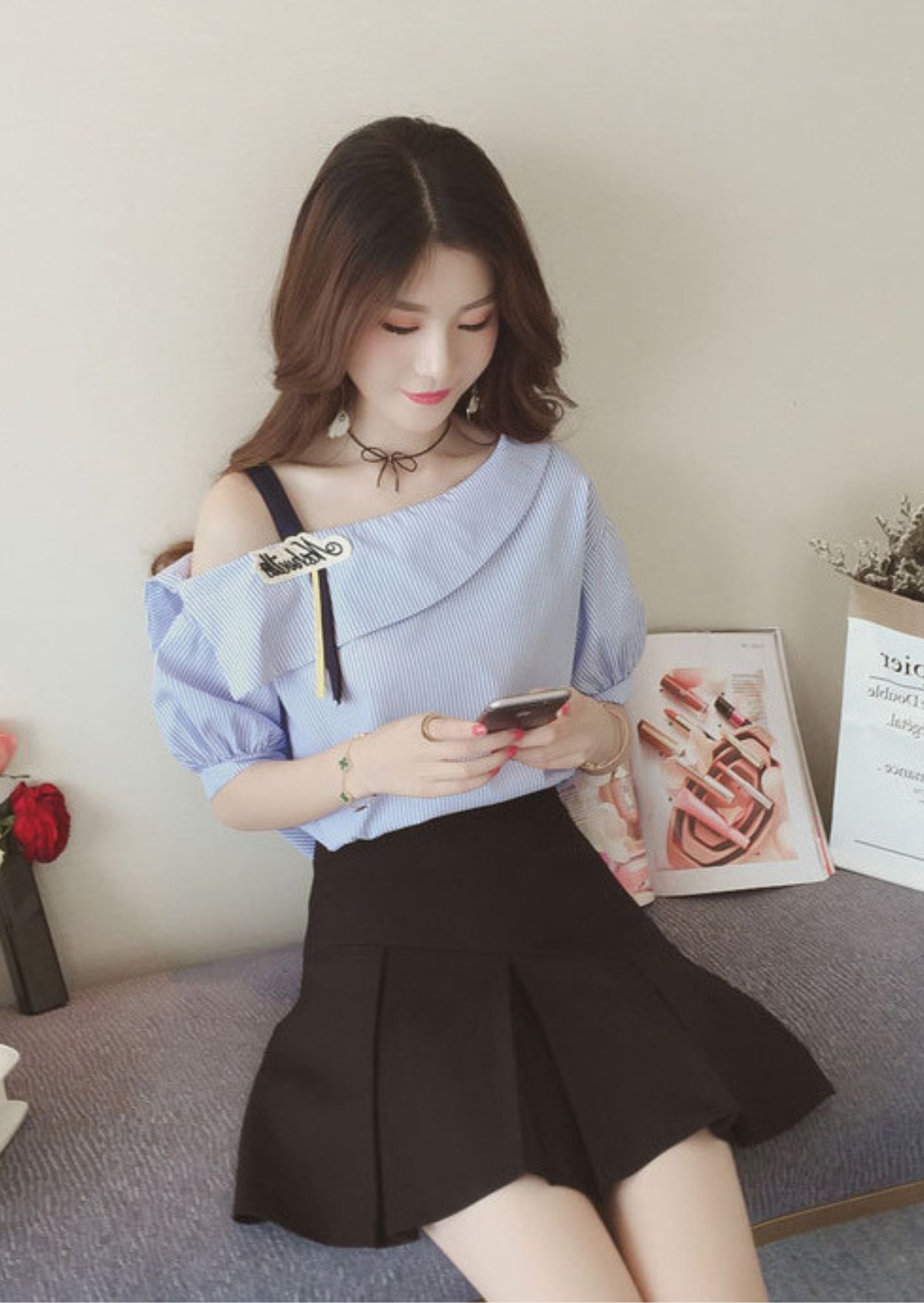 C-Drama Inspired Starlight Chic Top - Asymmetrical Stripes with Ribbon Strap Detail - BASIC