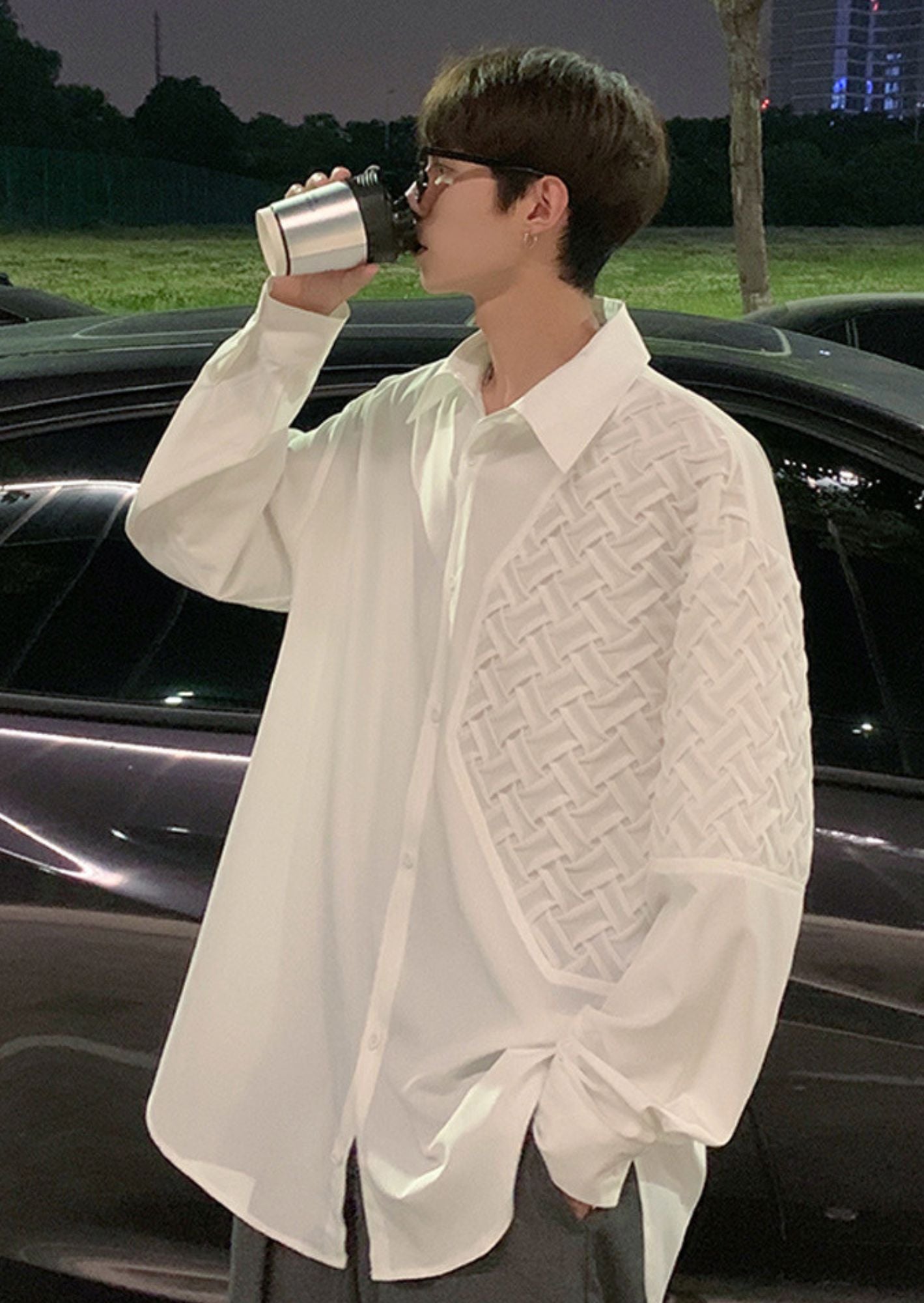 C-Drama Inspired Executive Statement : Asymmetrical White Shirt with Textured Shoulder Panel – Basic