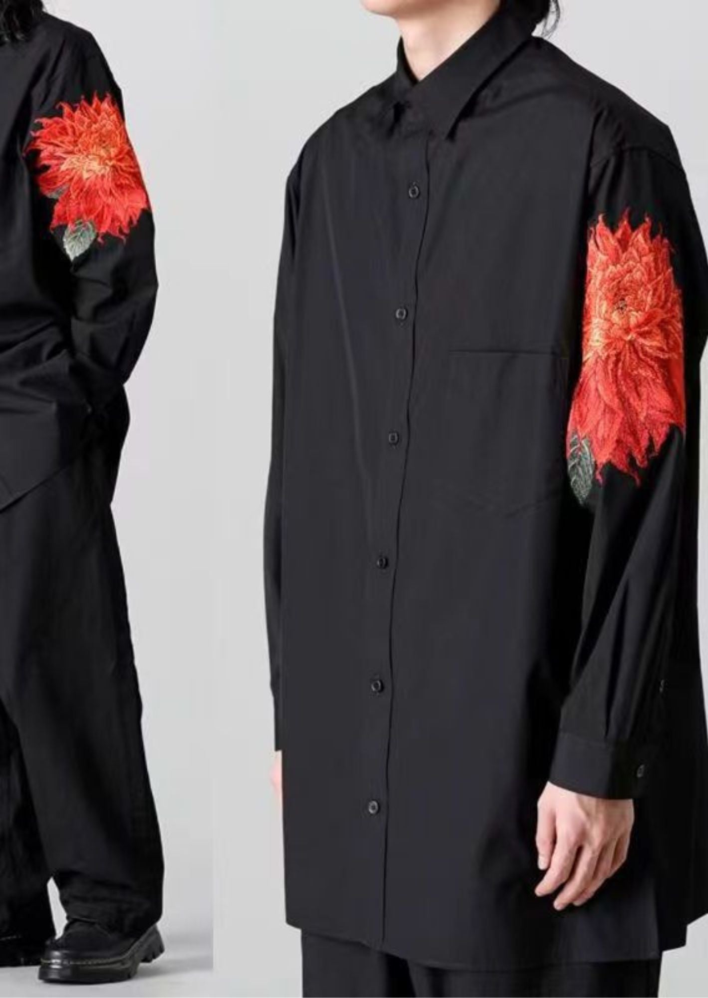 J-Drama Inspired Minimalist Elegance - Oversized Black Shirt with Floral Embroidered Sleeve Patch – BASIC
