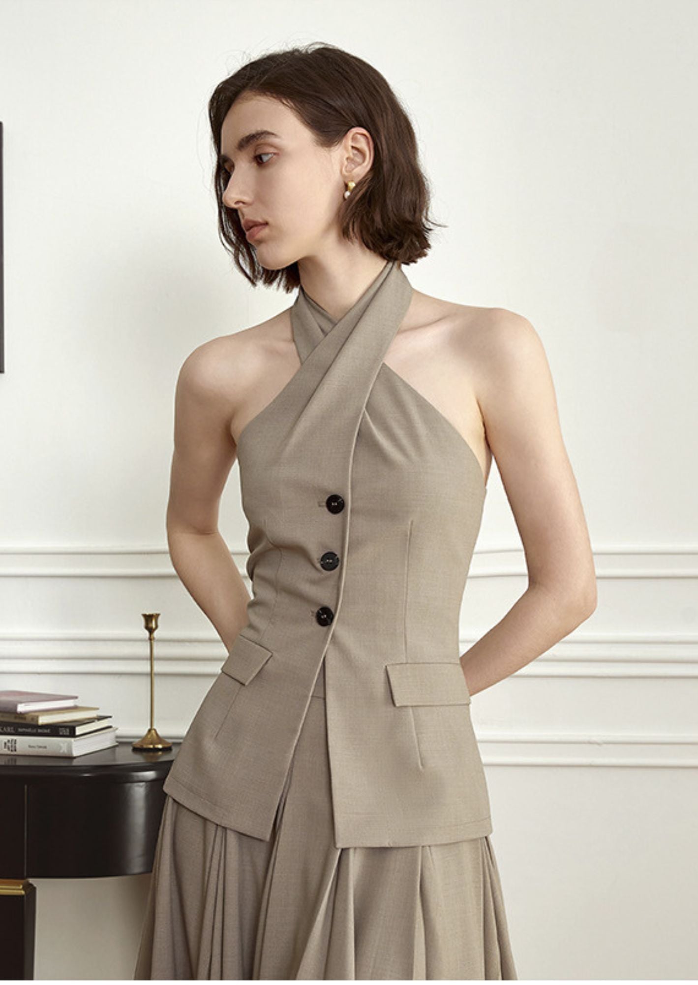 C-Drama Inspired Sophisticated Modern wear - Structured Asymmetric Halter-Neck Blazer Top – BASIC