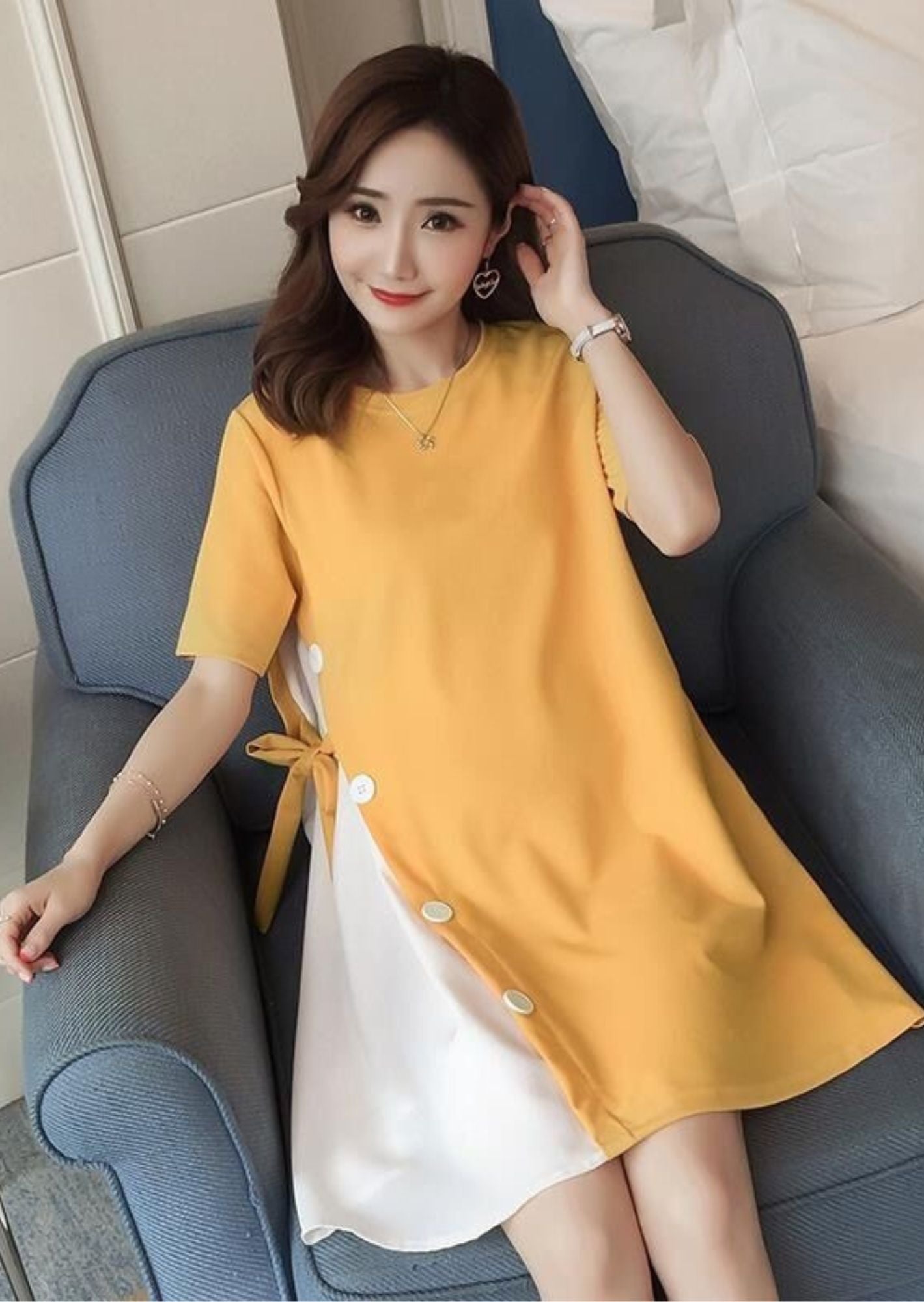 J-Drama Inspired Playful Maternity Dress – Colorblock Yellow & White Tunic with Side Bow and Button Detailing - BASIC