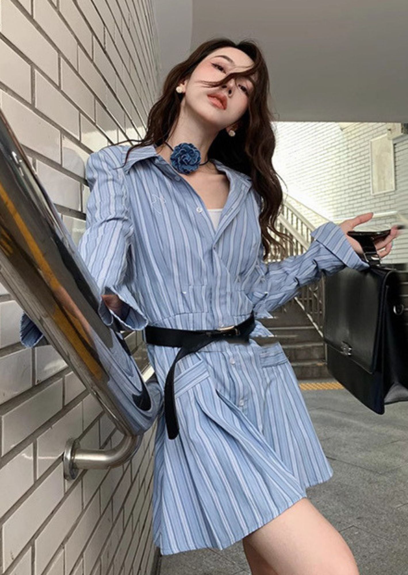 K-Drama Inspired Elegant Street Style - Chic Striped Shirt Dress with Flared Hem – BASIC