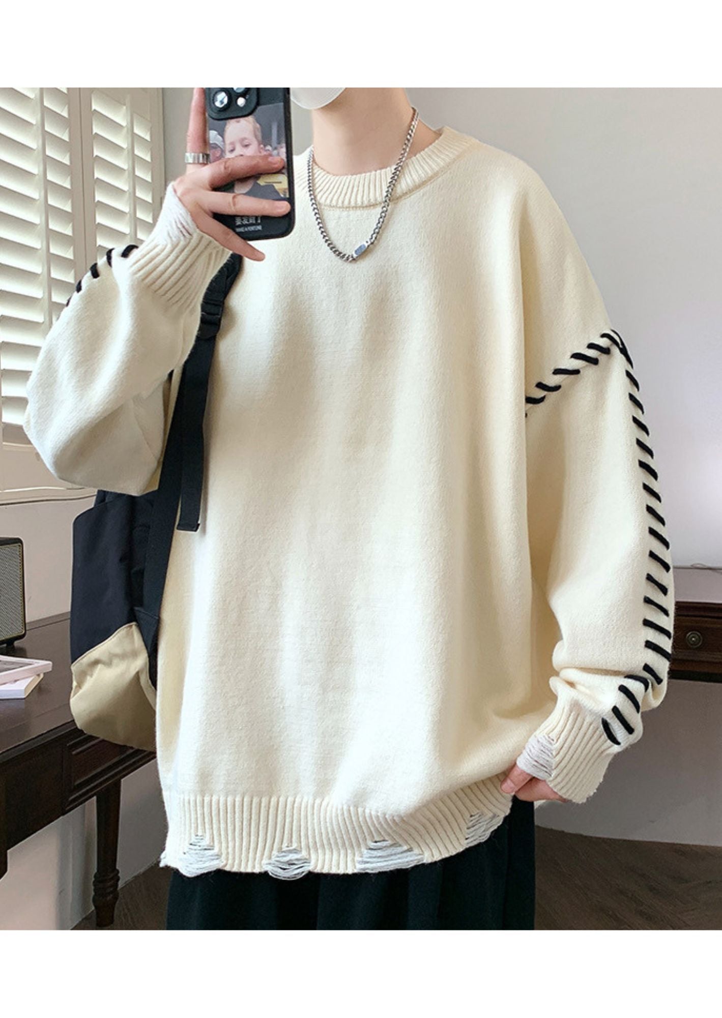 C-Drama Inspired Loose Knitted Sweatshirt with Contrasting Threading Design