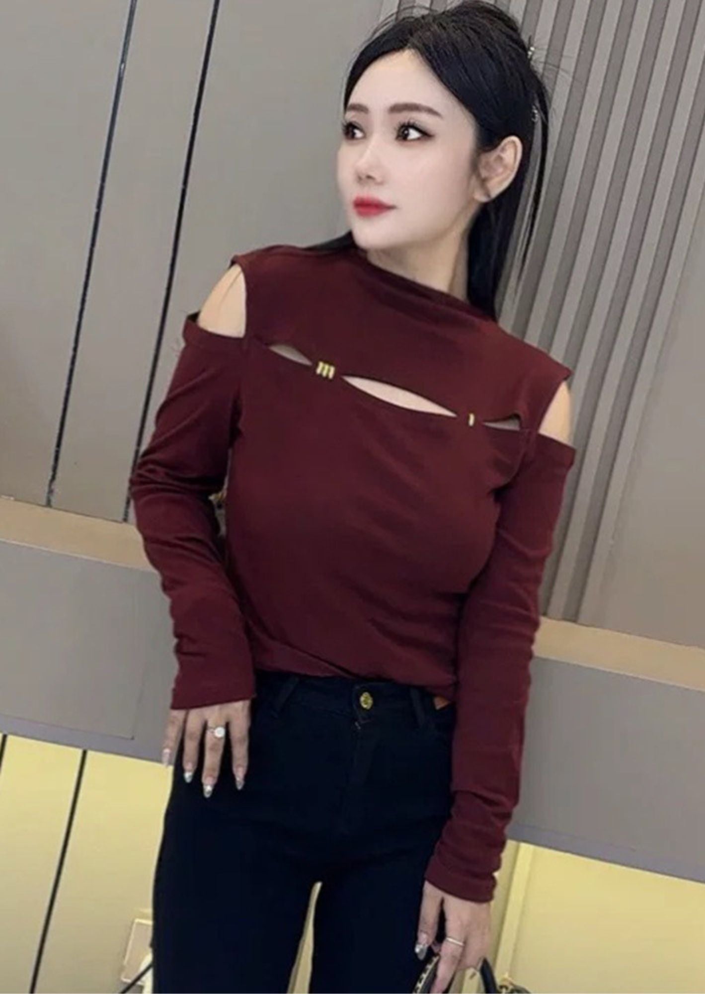 J-Drama Inspired Long Sleeve Turtle Neck Cutout Top