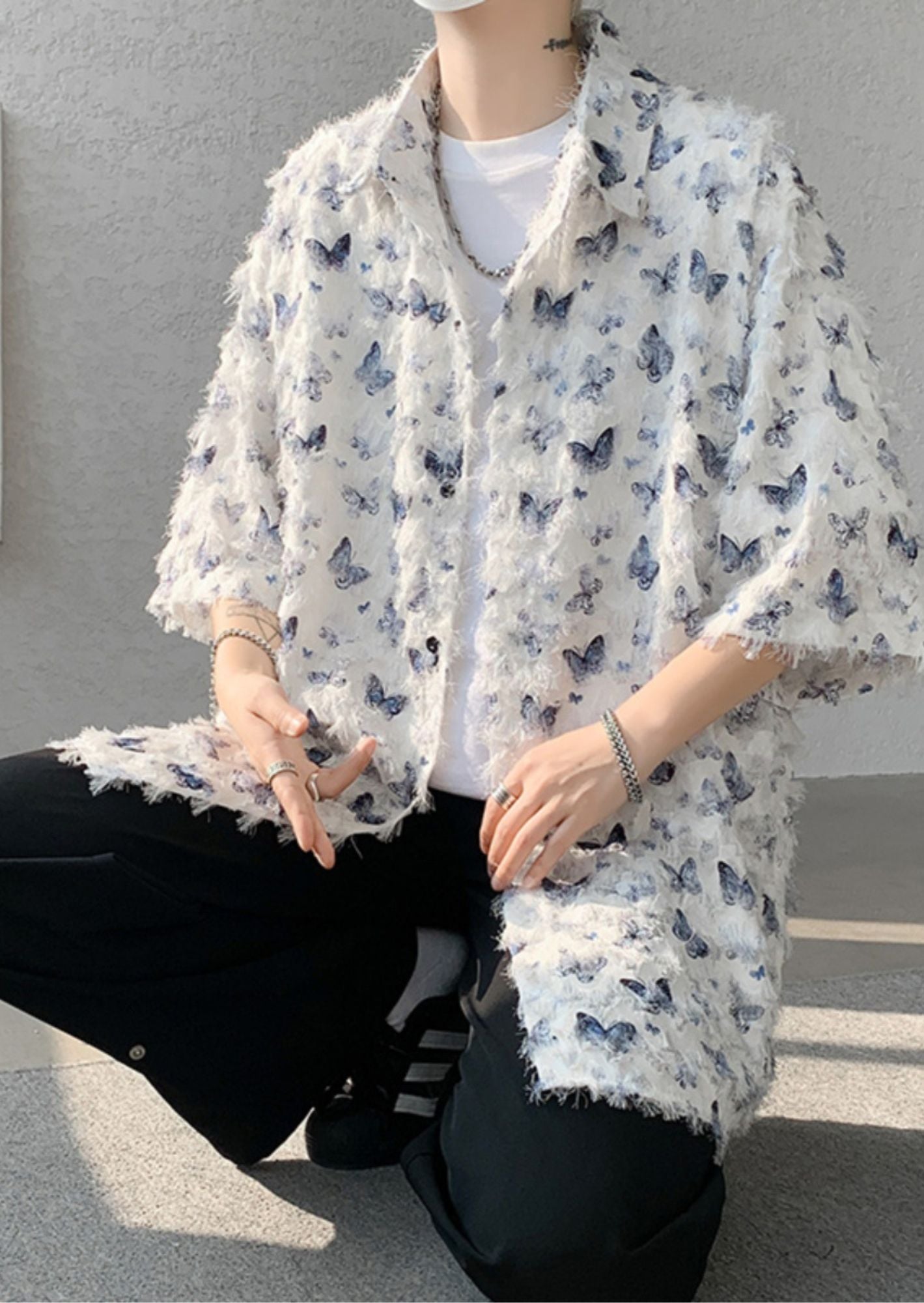 K-Pop Inspired Butterfly Printed Tassel Textured Loose Fitted Shirt