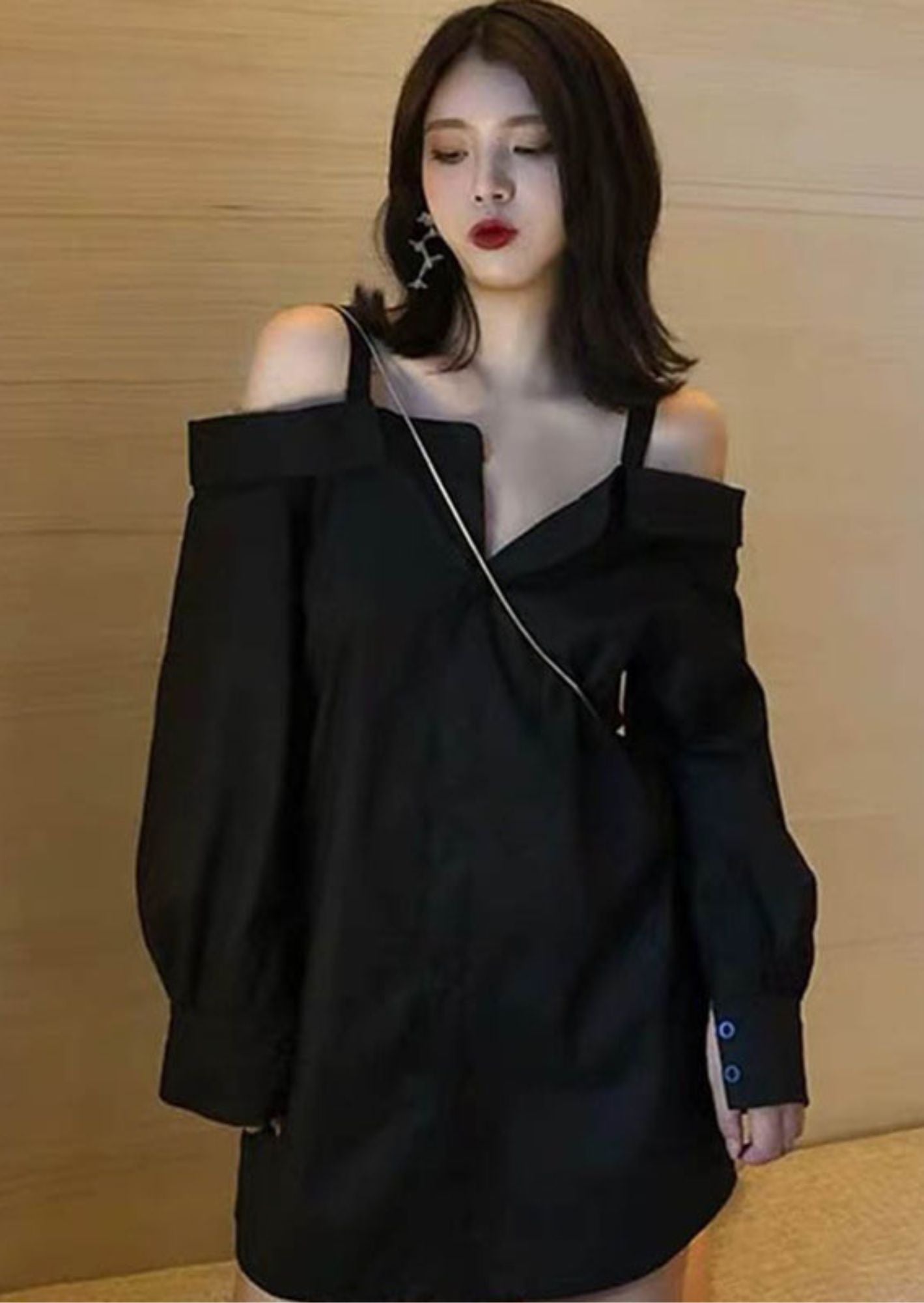 K-Drama CEO Off-Duty Glam - Chic Off-Shoulder Black Shirt Dress - BASIC