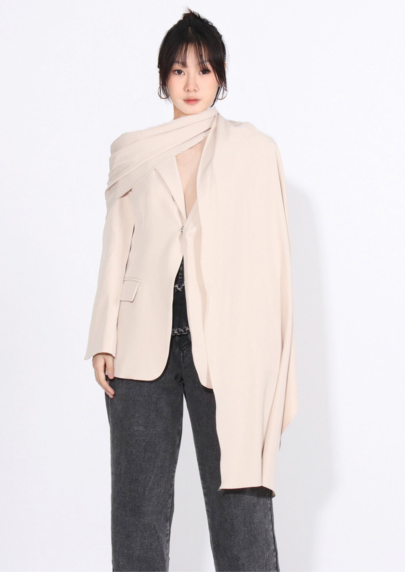 K-Drama Inspired Scarf Collar Long Sleeve Suit