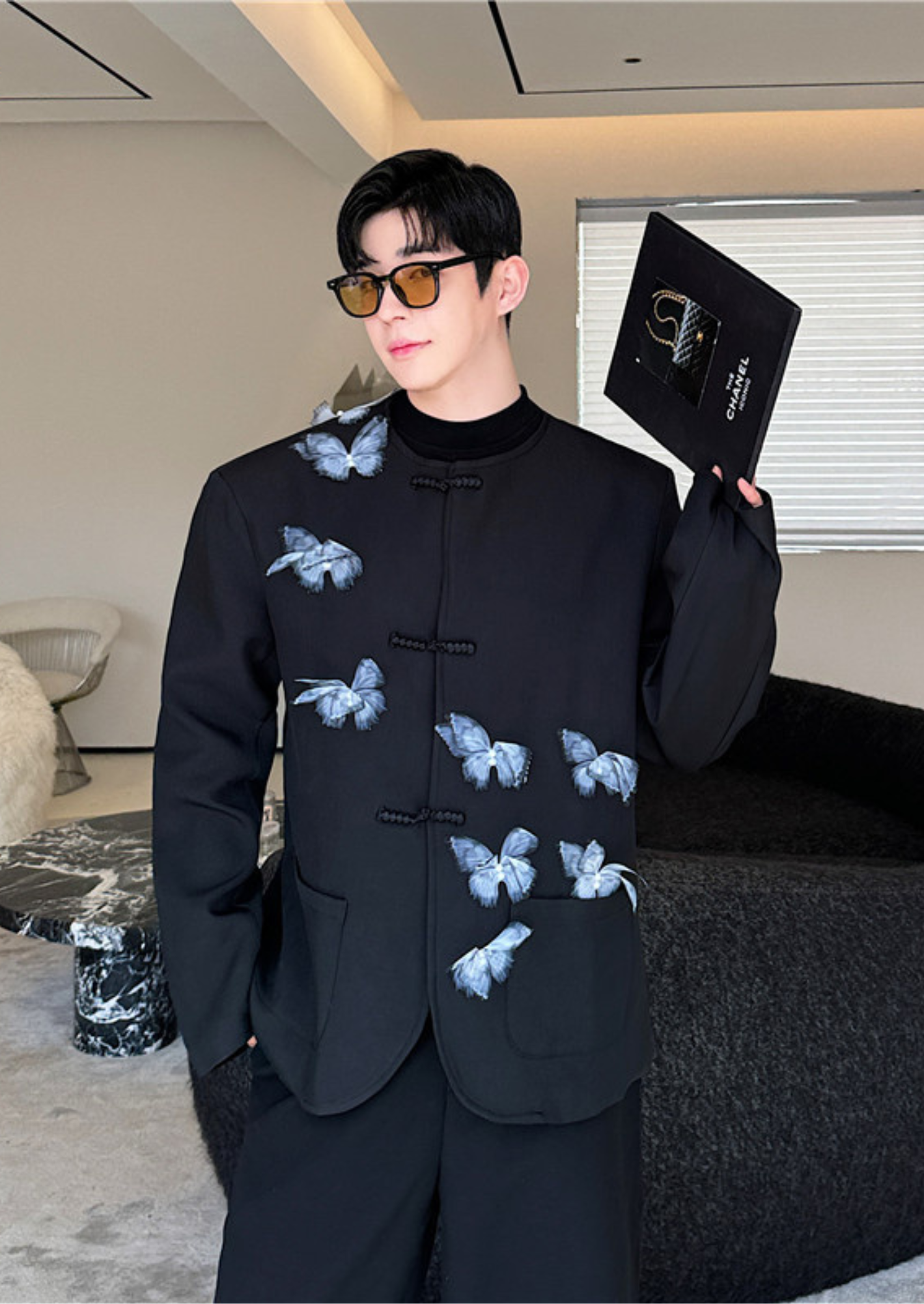 C-Drama Couture Statement -  Mandarin Collar Jacket with 3D Butterfly Appliqué & Knot Closures – BASIC