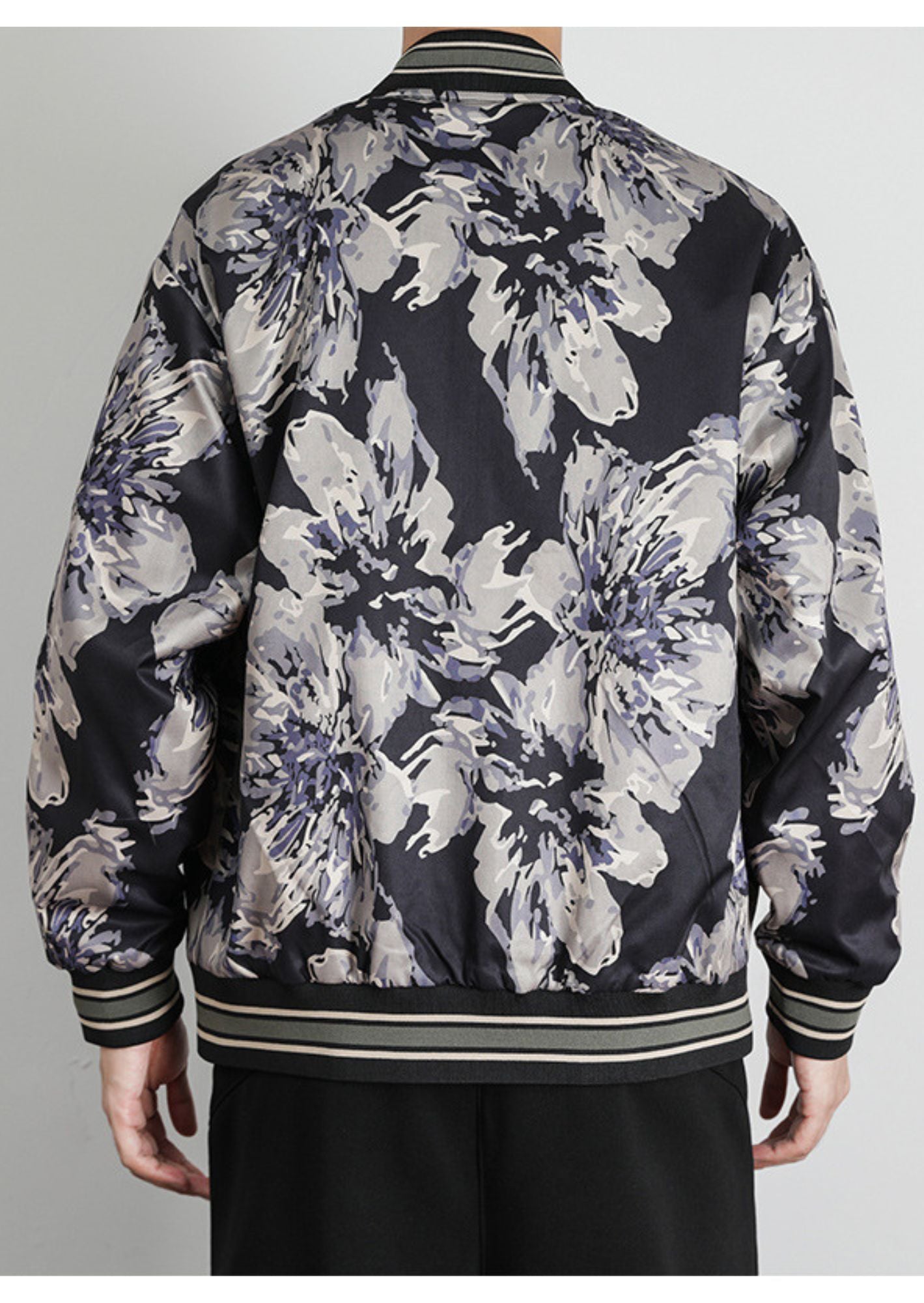 K-Drama Inspired Street-Style Statement : Luxe Floral Bomber Jacket with Monochrome Petal Print –  BASIC