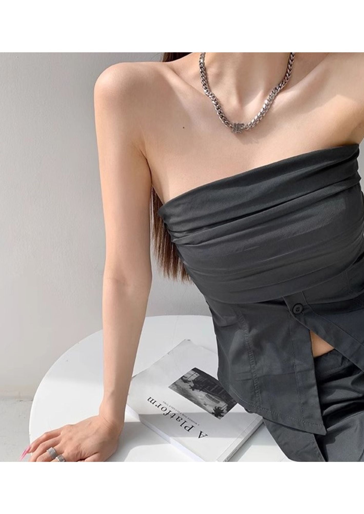 K-Fashion Chic with Edgy Elegance- Pleated Corset-Inspired Strapless Top- BASIC