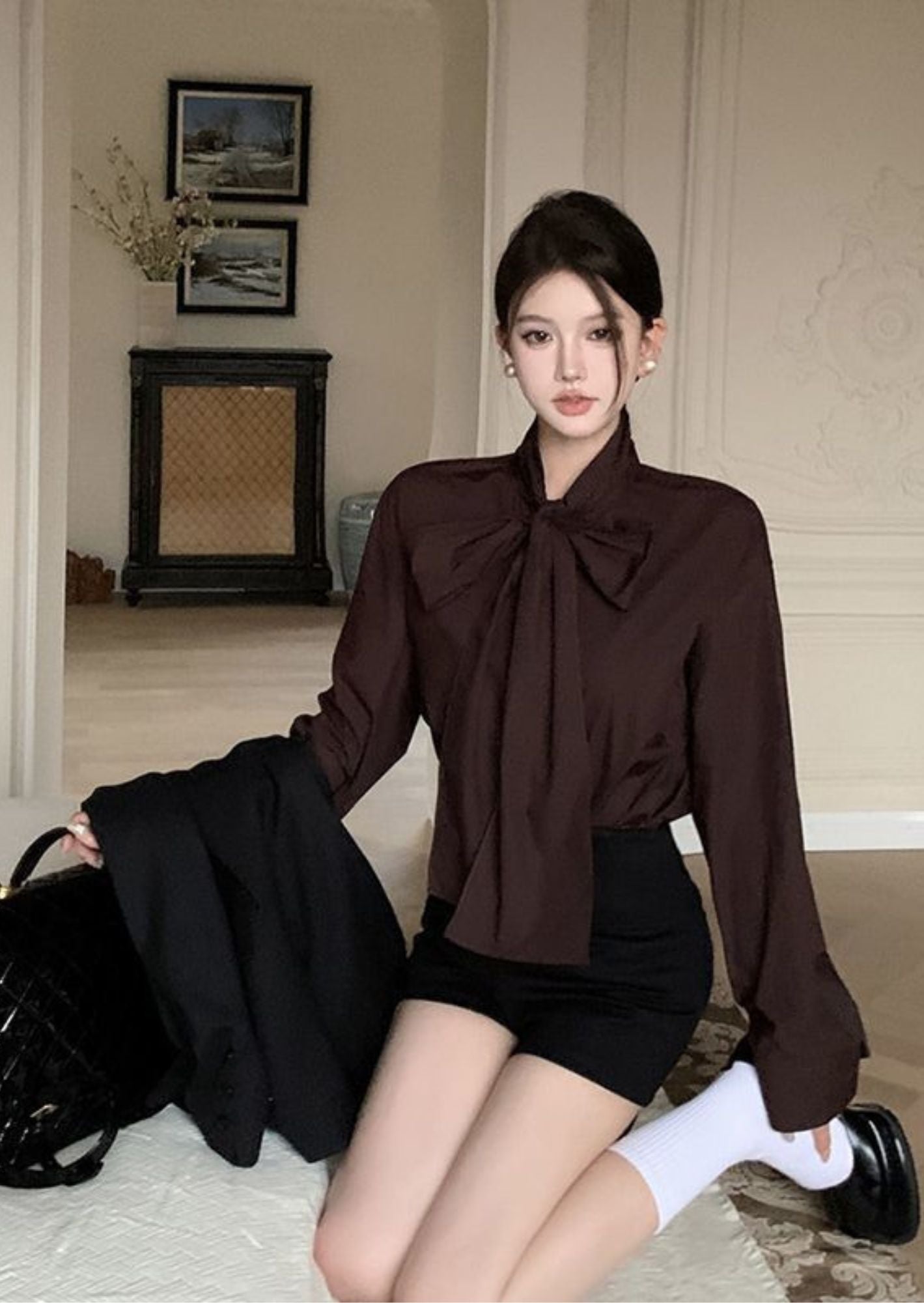 C-Drama Inspired Tie Strap Collar Shirt