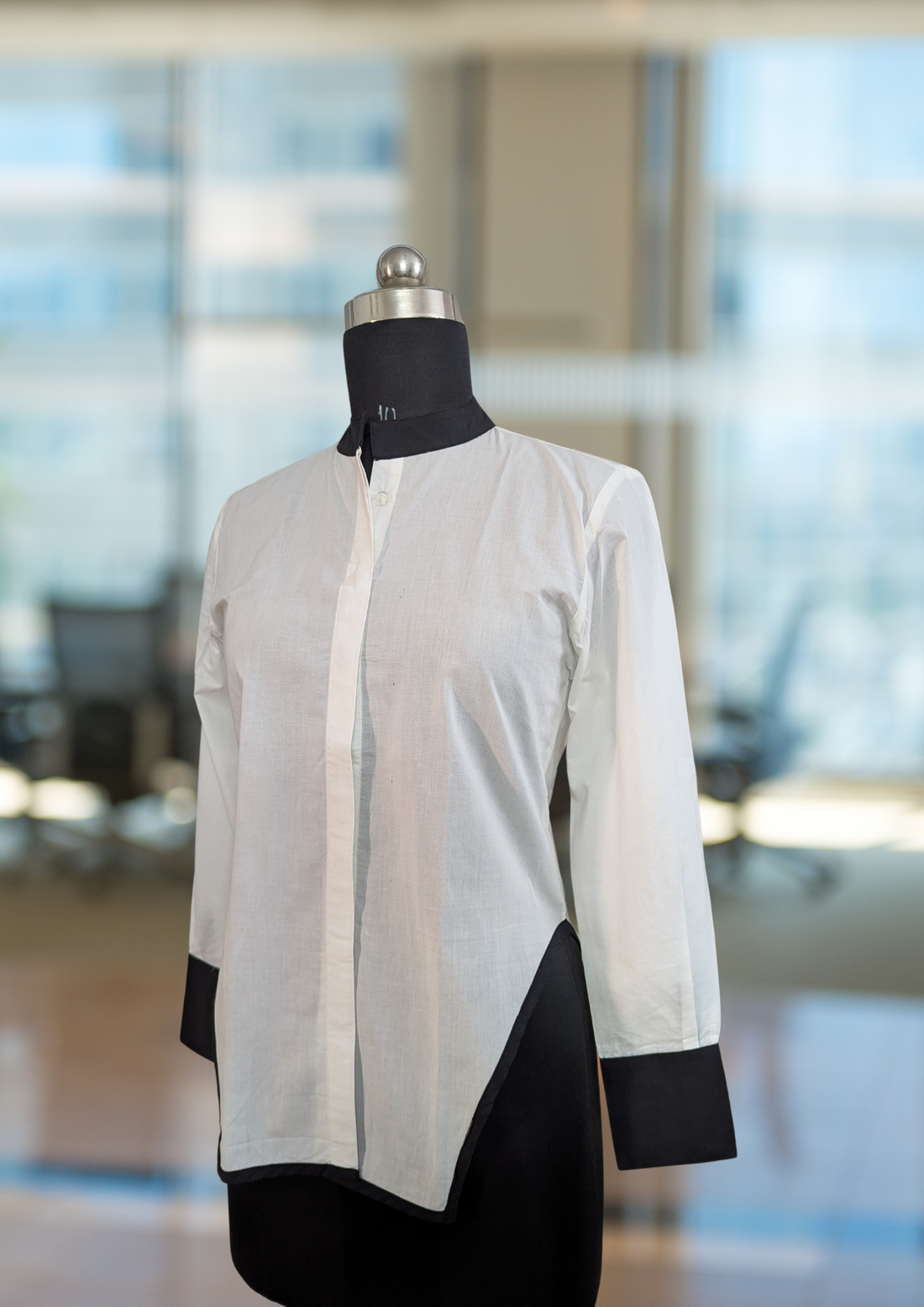 Long Sleeve  Stand Collar Shirt with Asymmetrical Hem