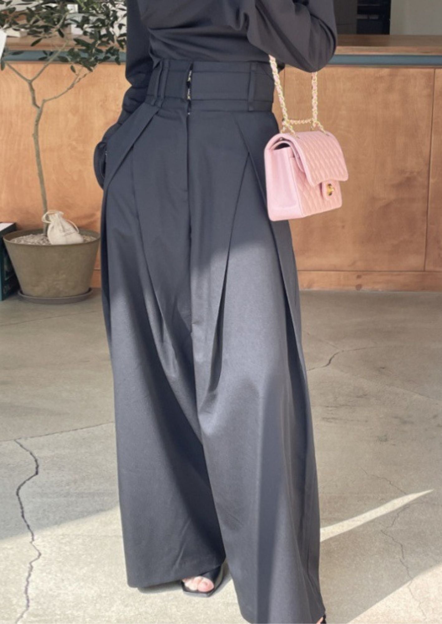 J-Drama Inspired Wide-Leg Trousers – High-Waisted Pleated Pants with Belted Waist Detail - BASIC