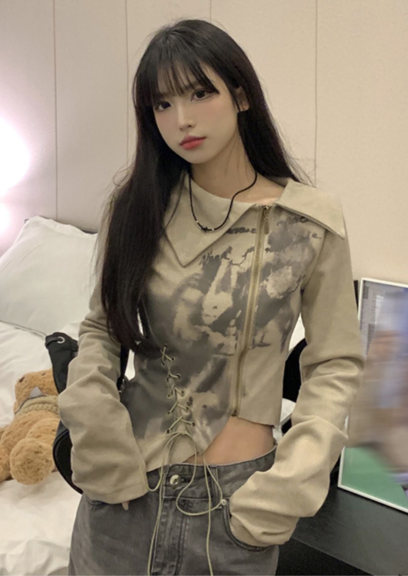 J-Drama Inspired Long Sleeve Collared Top with Zipper Opening and Lace Up Detail