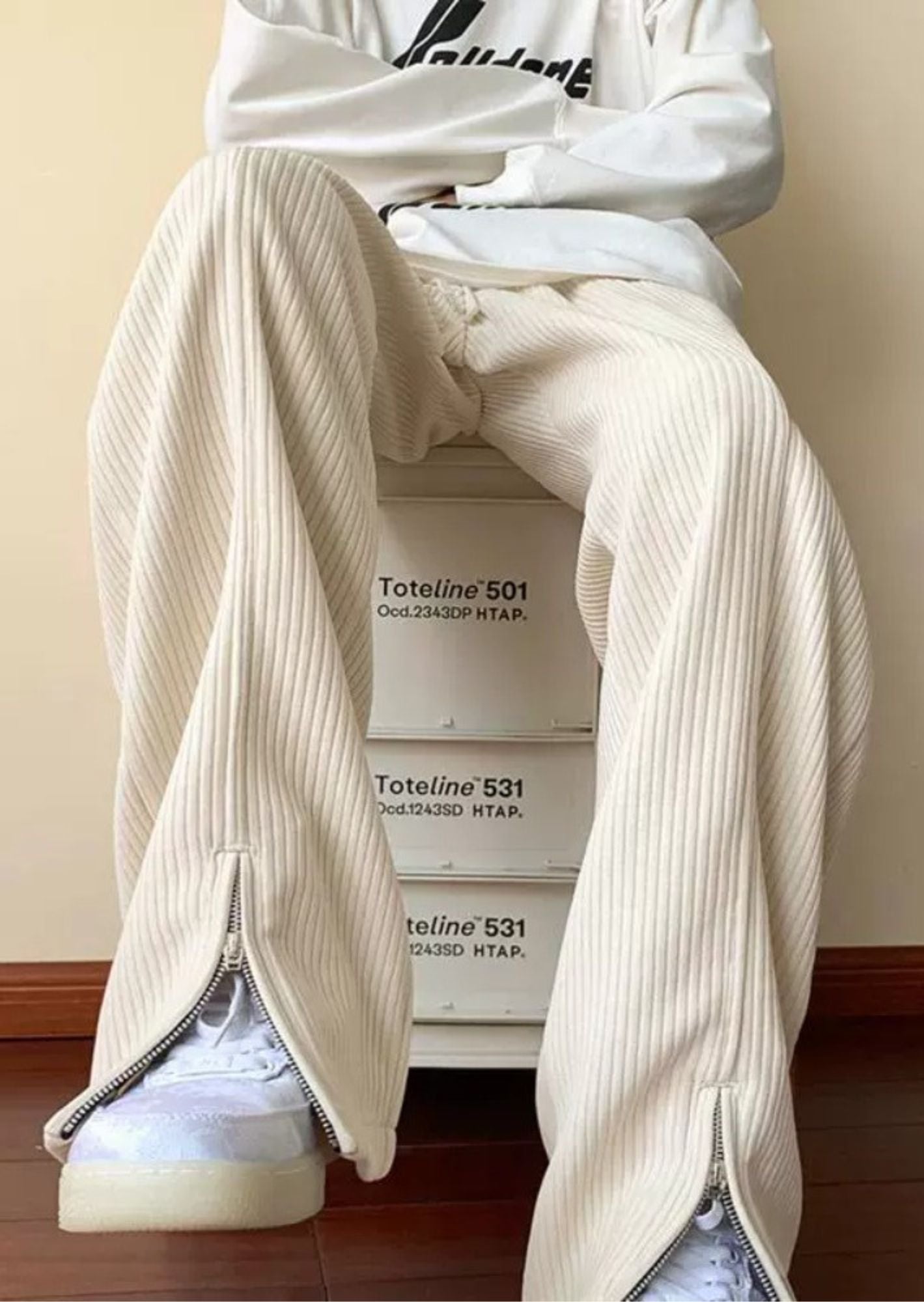 C-Drama Inspired Corduroy Wide Leg Pant with Zipper Detail at Hem