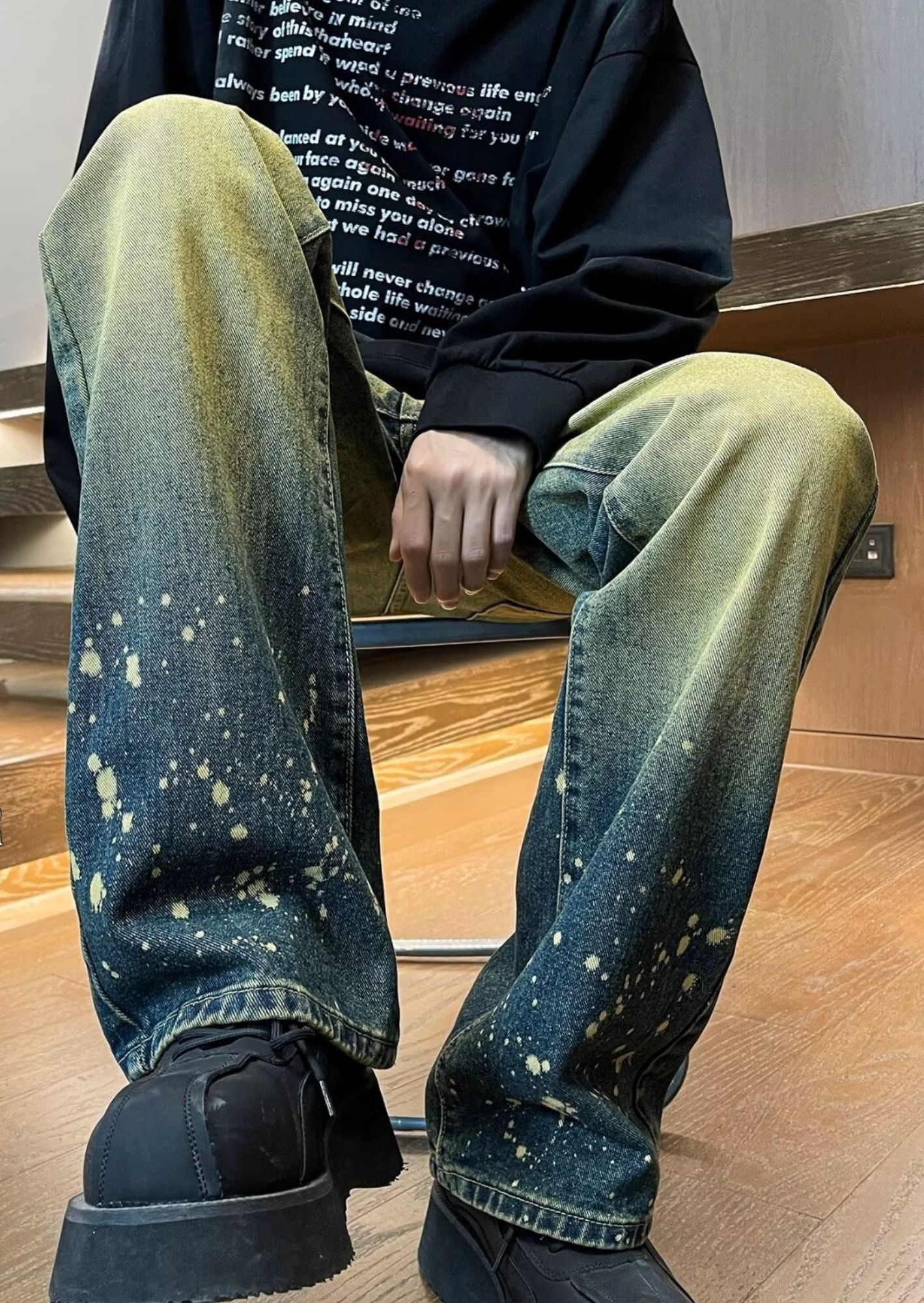 J-Drama Inspired Vintage Washed Ink Splashed Heavy Weight Denim